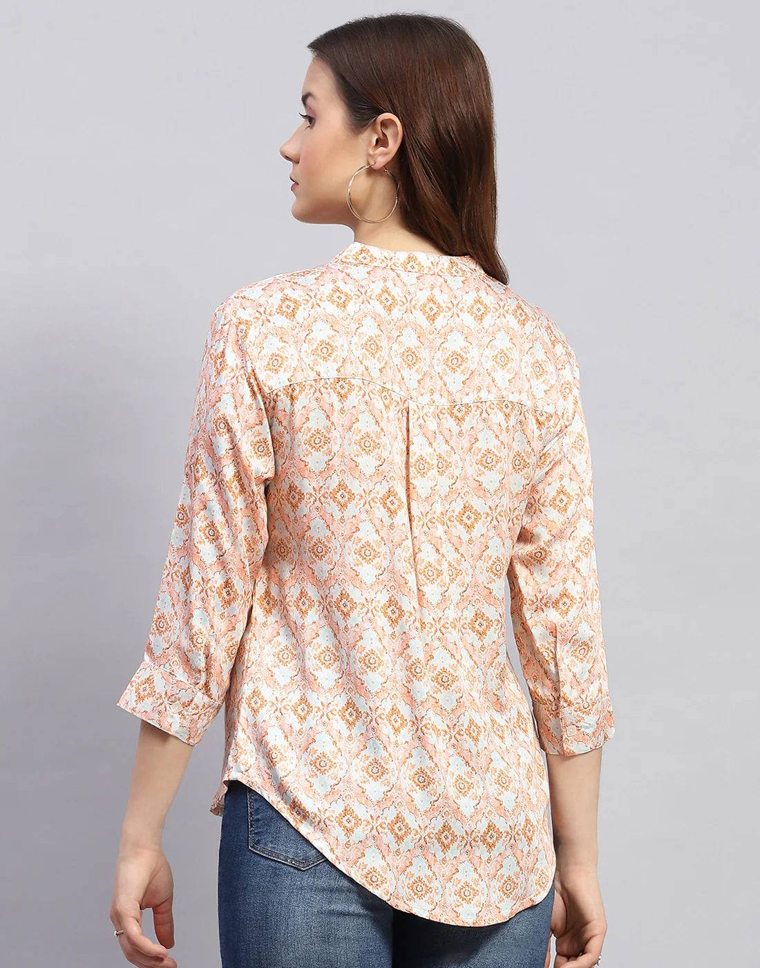 Women Peach Printed Mandarin Neck 3/4 Sleeve Top - Image 6