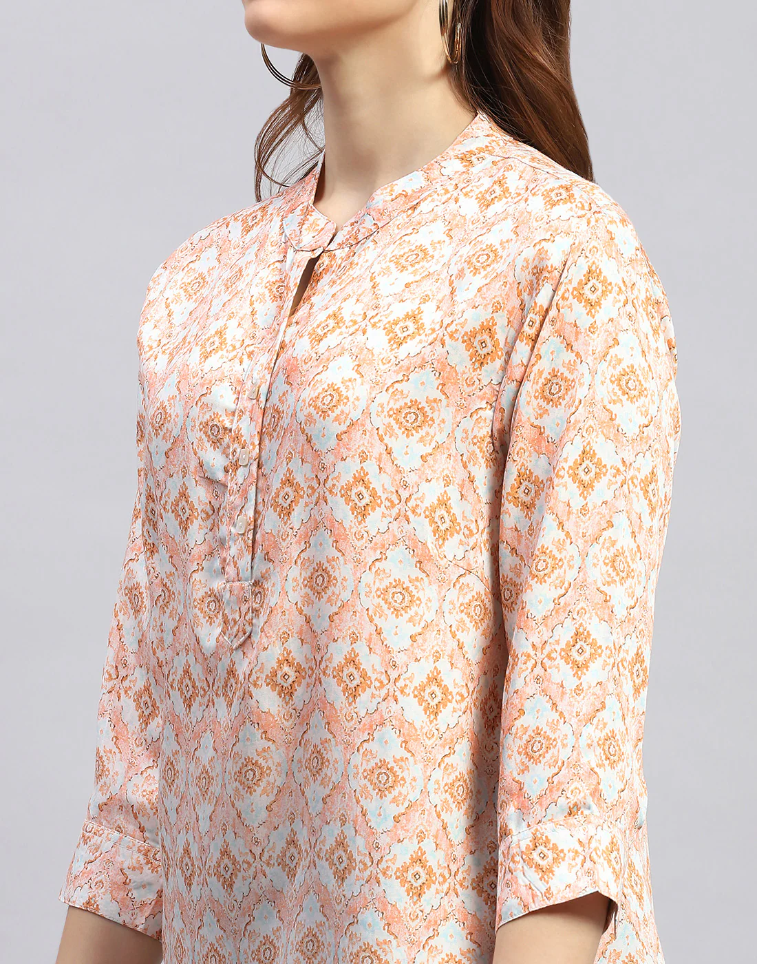 Women Peach Printed Mandarin Neck 3/4 Sleeve Top - Image 7