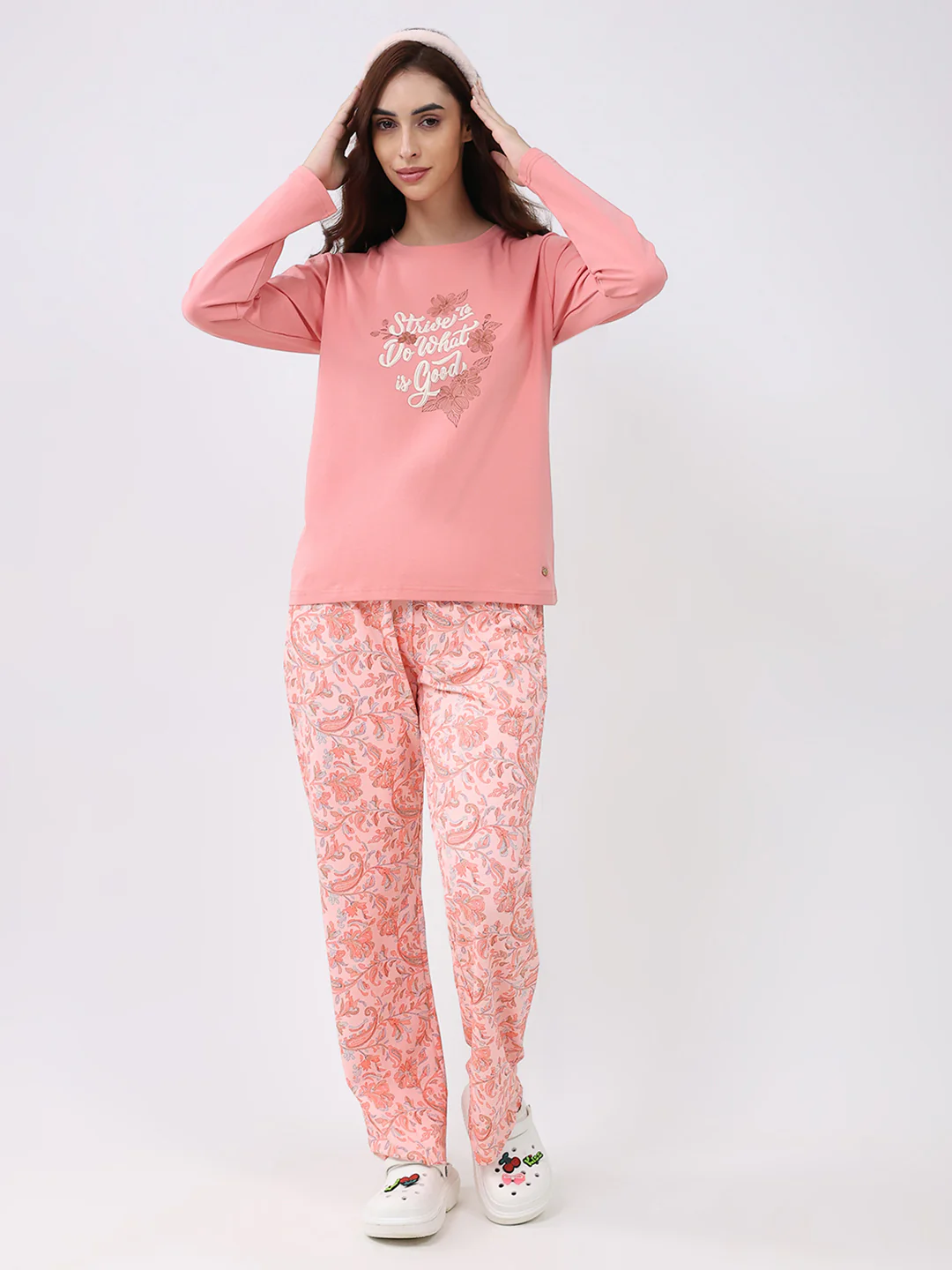 Women Peach Printed Round Neck Full Sleeve Lower Set - Image 2