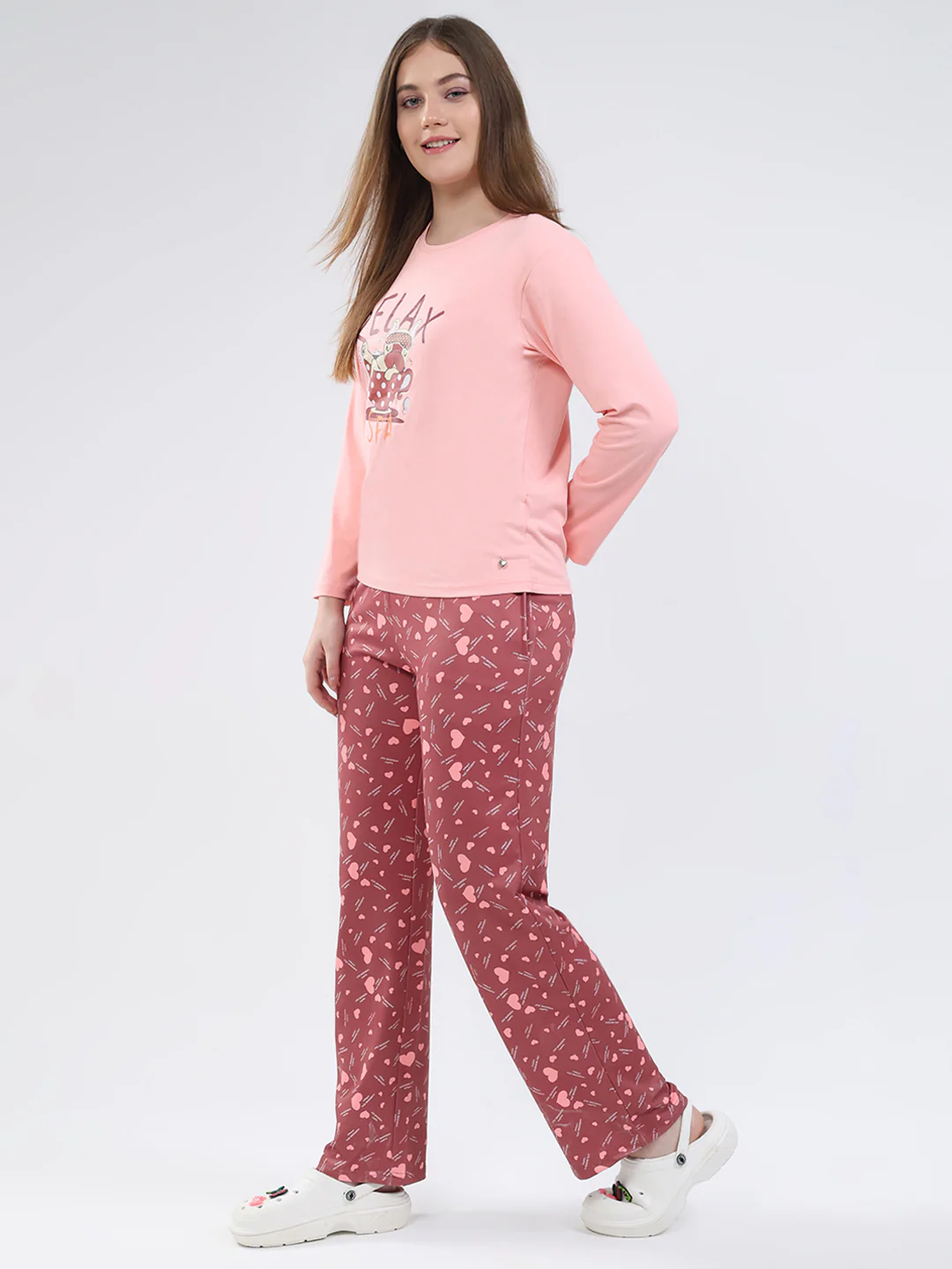 Women Peach Printed Round Neck Full Sleeve Lower Set - Image 3