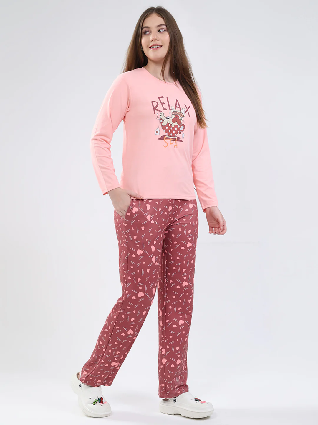 Women Peach Printed Round Neck Full Sleeve Lower Set - Image 4