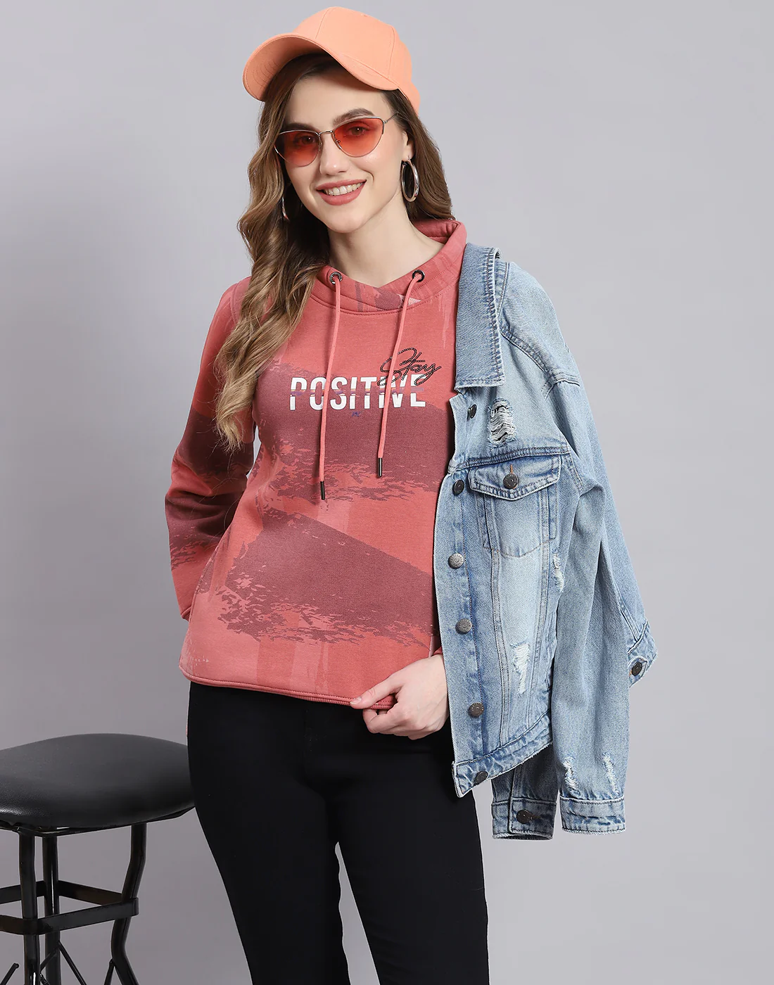 Women Peach Printed Round Neck Full Sleeve Sweatshirt - Image 2