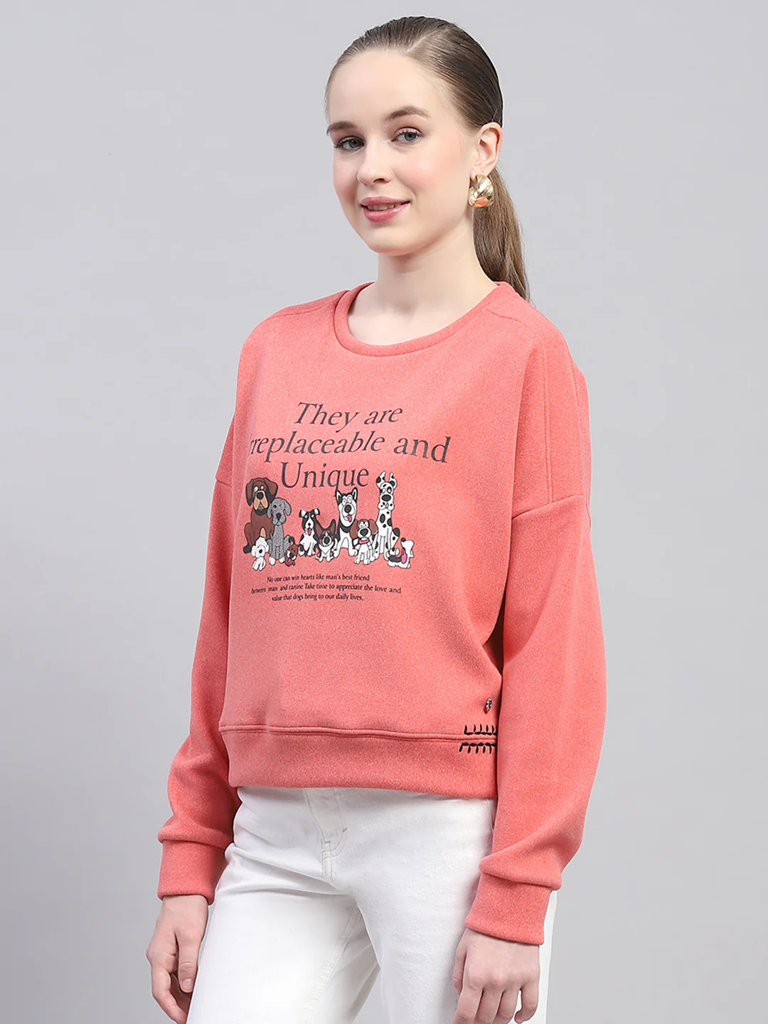 Women Peach Printed Round Neck Full Sleeve Sweatshirt - Image 3