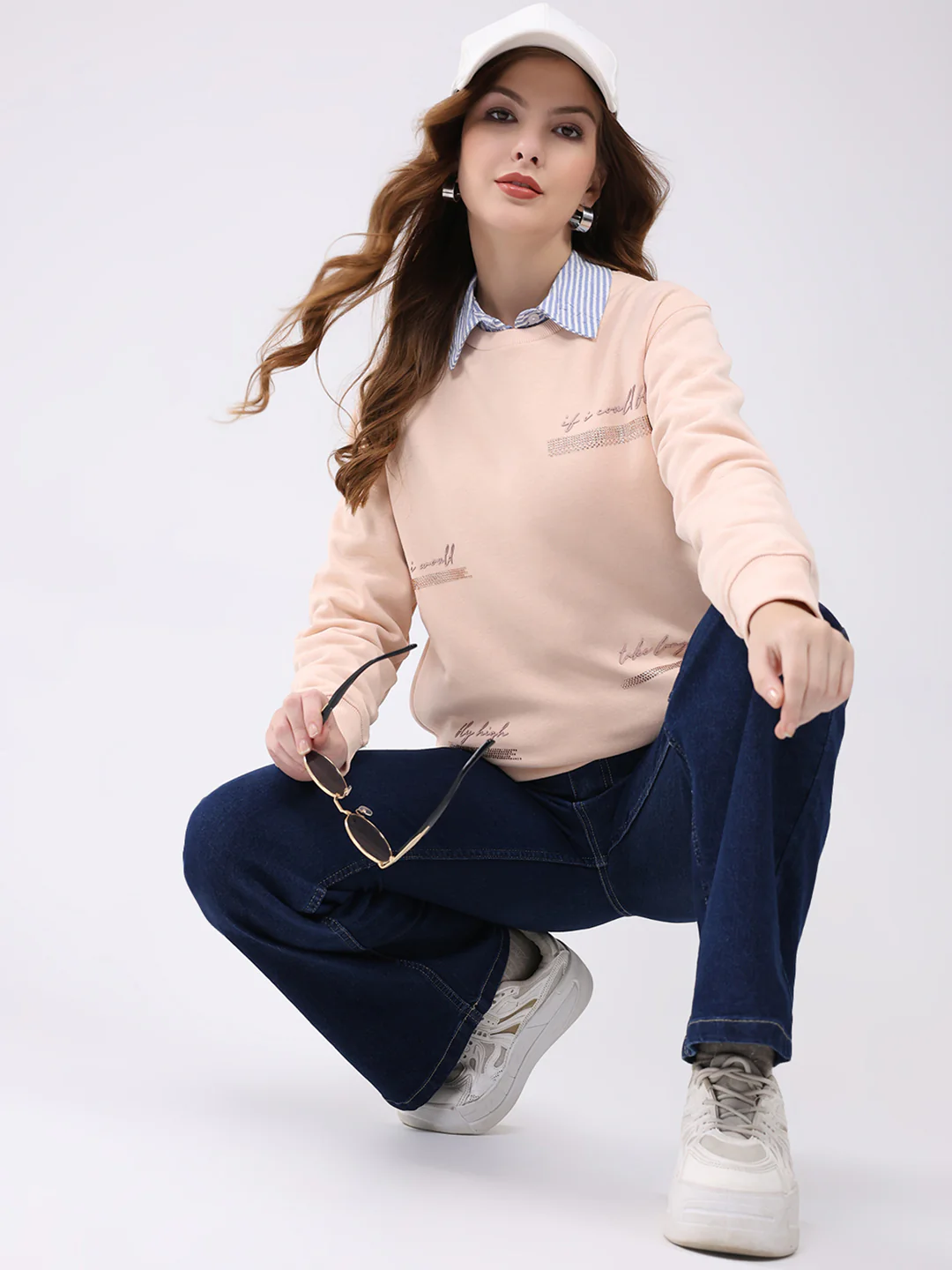 Women Peach Printed Round Neck Full Sleeve Sweatshirt - Image 2