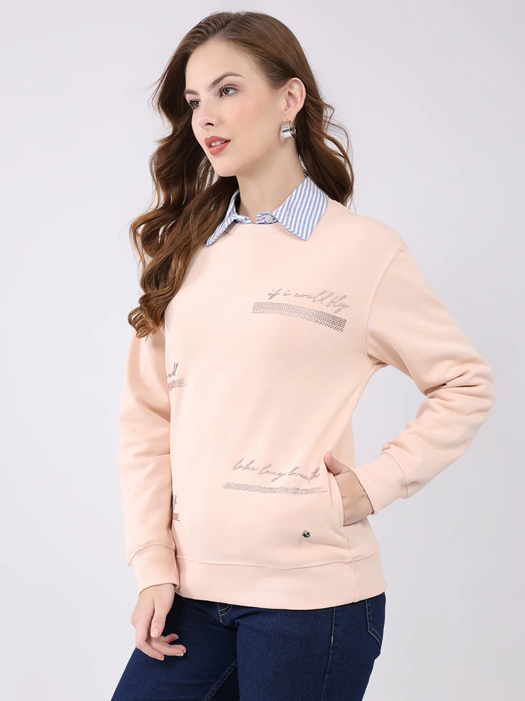 Women Peach Printed Round Neck Full Sleeve Sweatshirt - Image 3
