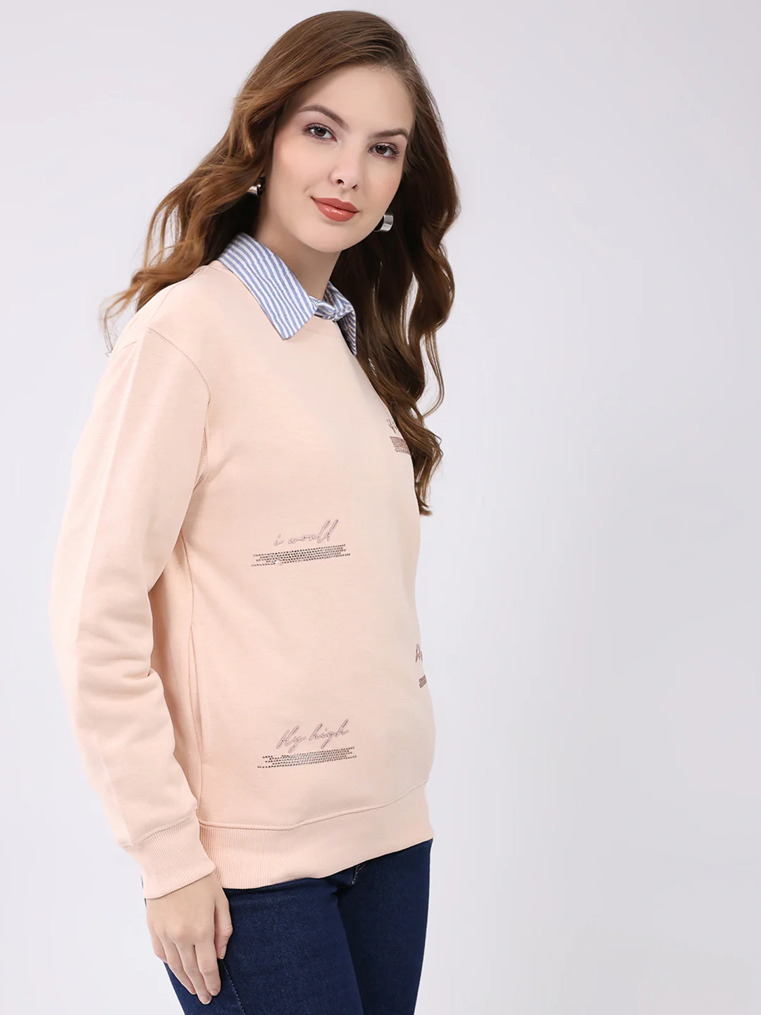 Women Peach Printed Round Neck Full Sleeve Sweatshirt - Image 4