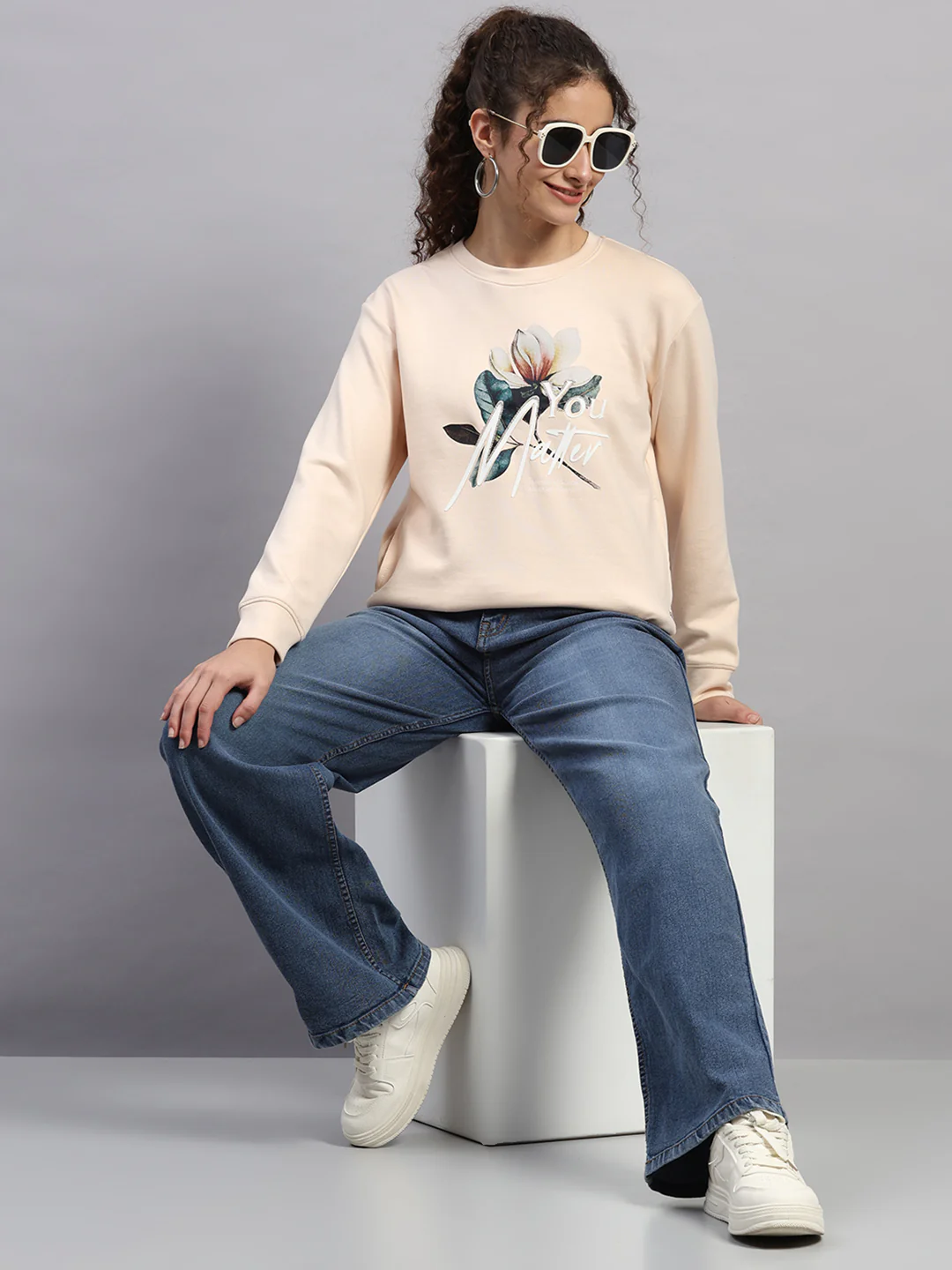 Women Peach Printed Round Neck Full Sleeve Sweatshirt - Image 2