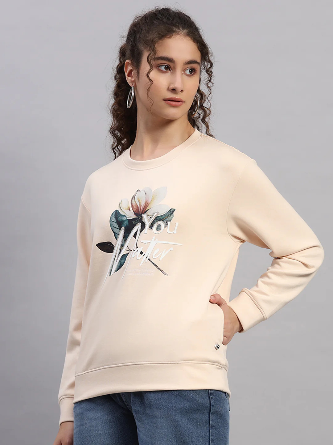 Women Peach Printed Round Neck Full Sleeve Sweatshirt - Image 3