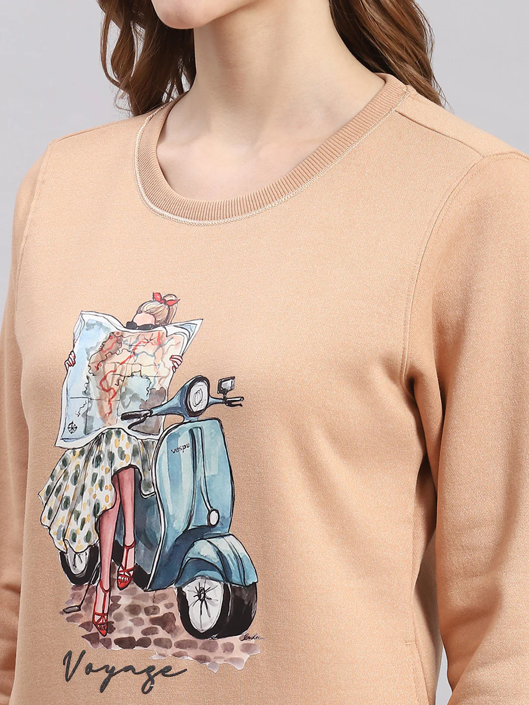 Women Peach Printed Round Neck Full Sleeve Sweatshirts - Image 6