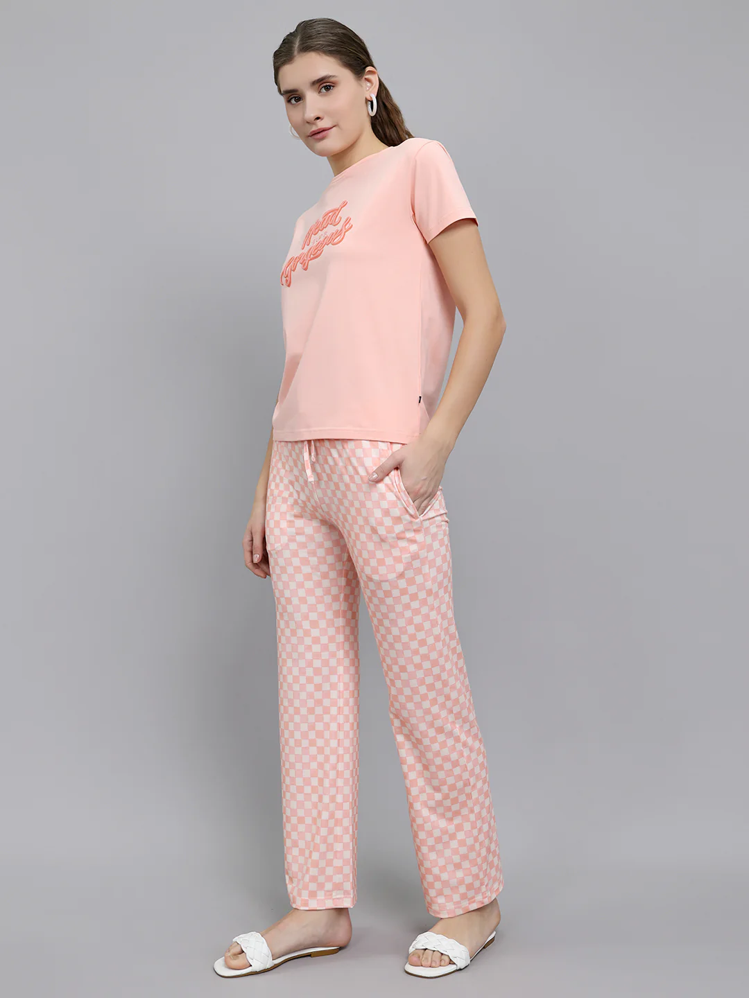 Women Peach Printed Round Neck Half Sleeve Combo 3Pc Set (Top, Shorts & Lower) - Image 3