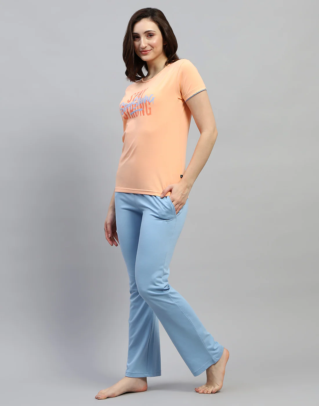 Women Peach Printed Round Neck Half Sleeve Lower Set - Image 3