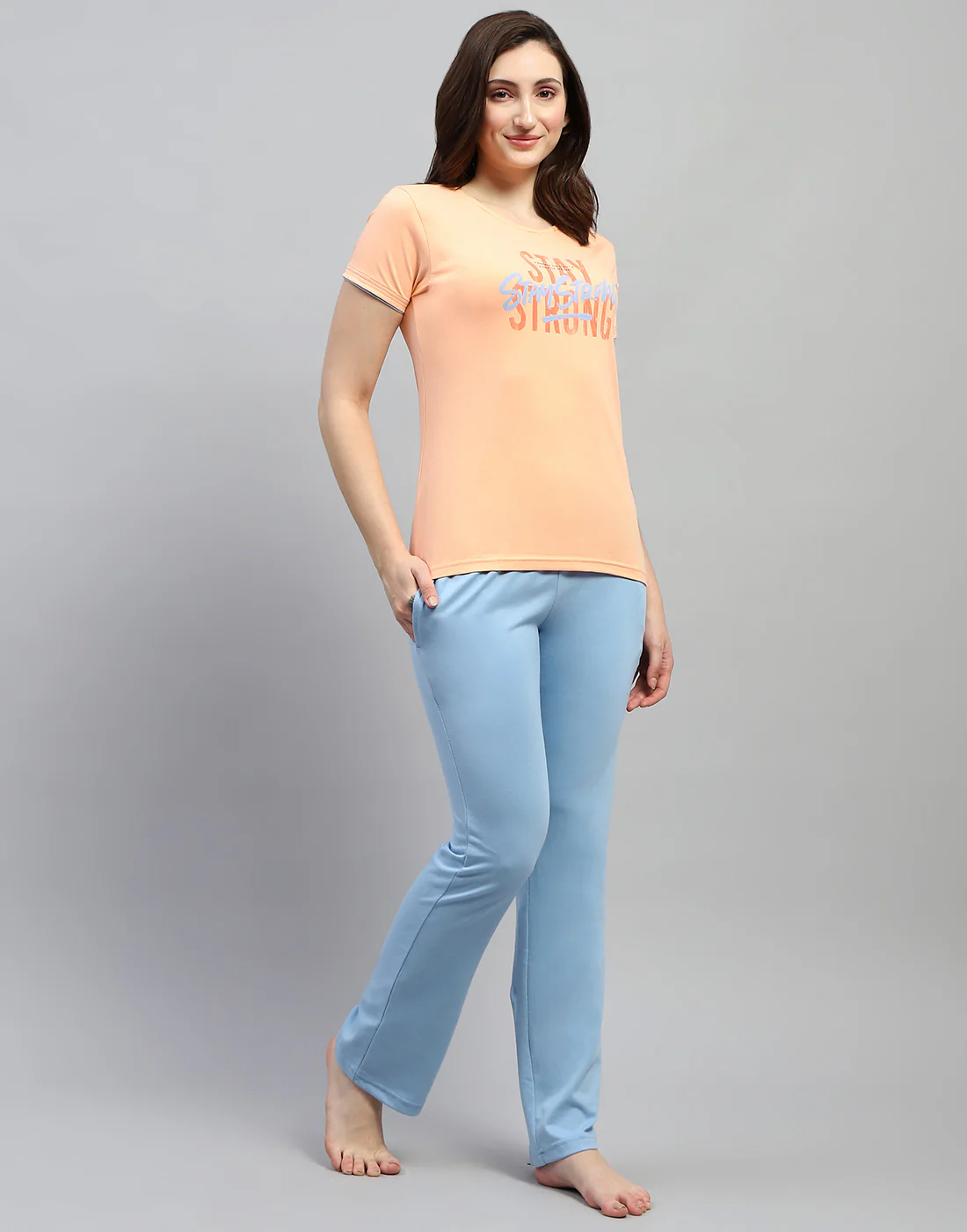 Women Peach Printed Round Neck Half Sleeve Lower Set - Image 4