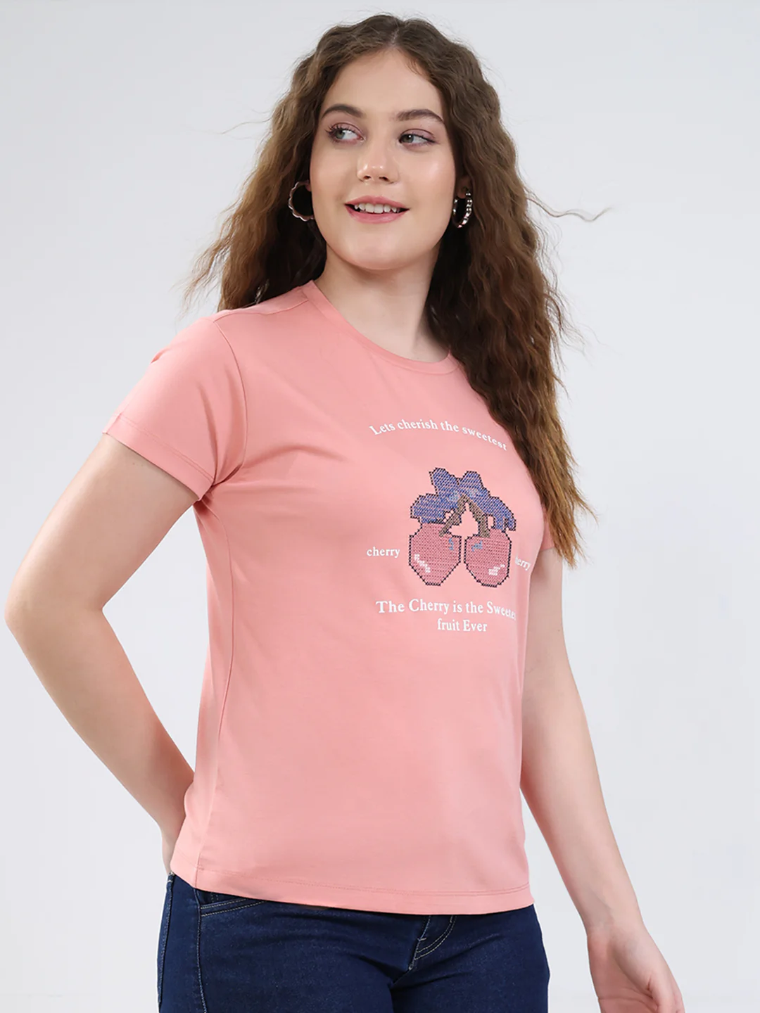 Women Peach Printed Round Neck Half Sleeve Top - Image 4