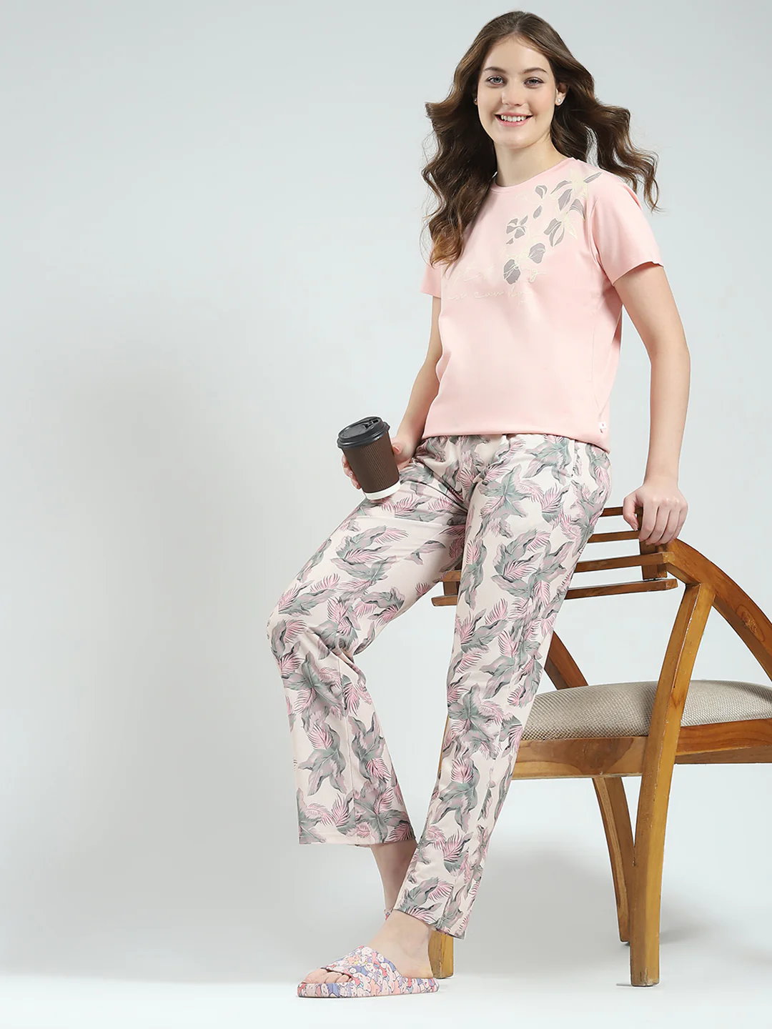 Women Peach Printed Round Neck Half Sleeve Lower Set - Image 2