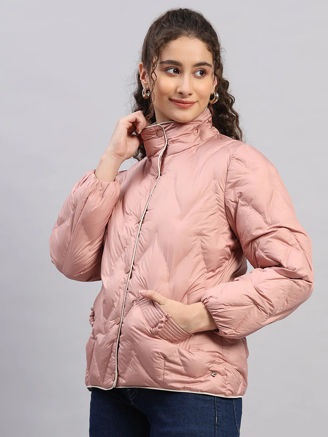 Women Peach Self Design Collar Full Sleeve Jacket - Image 3