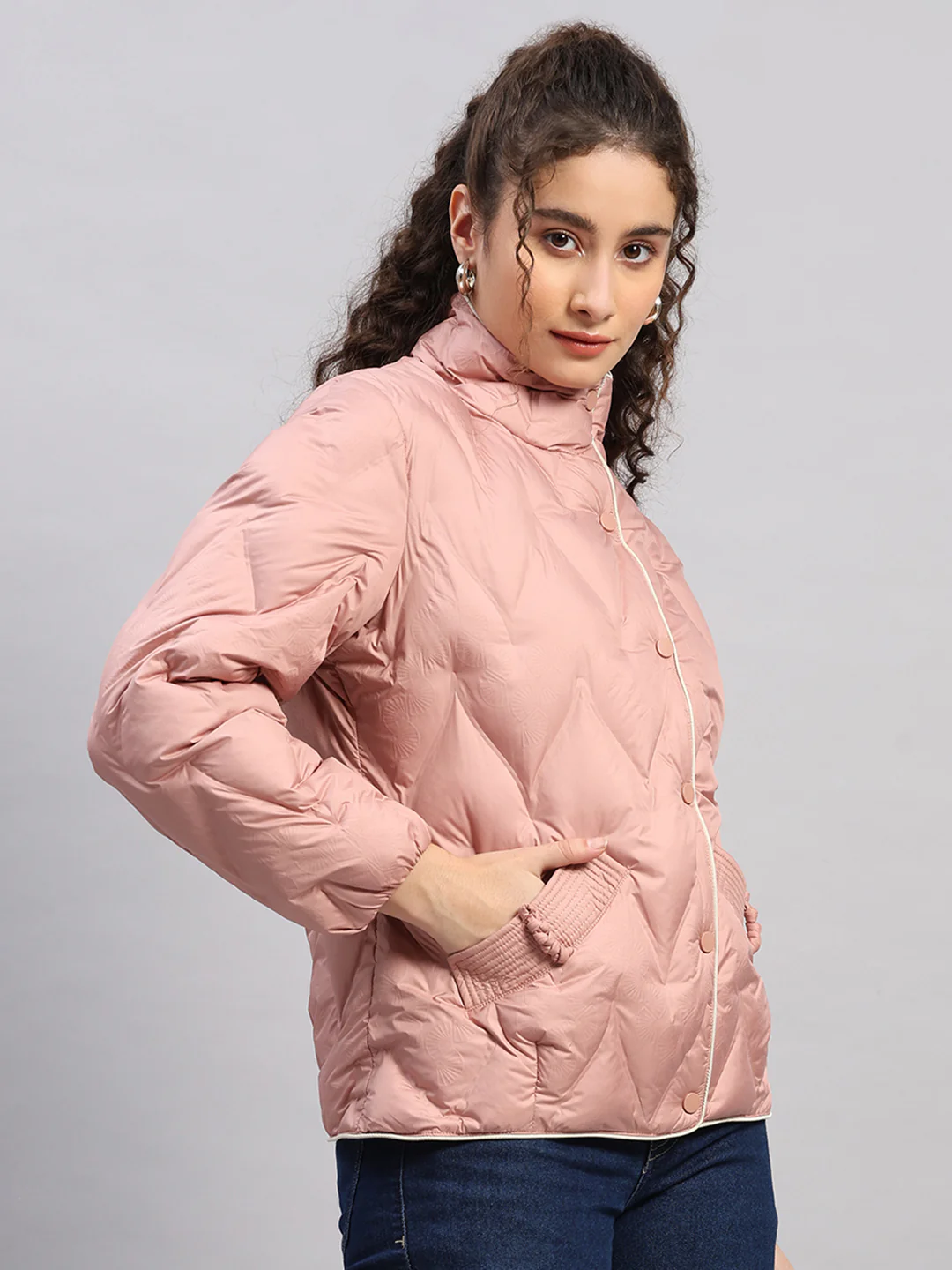Women Peach Self Design Collar Full Sleeve Jacket - Image 4