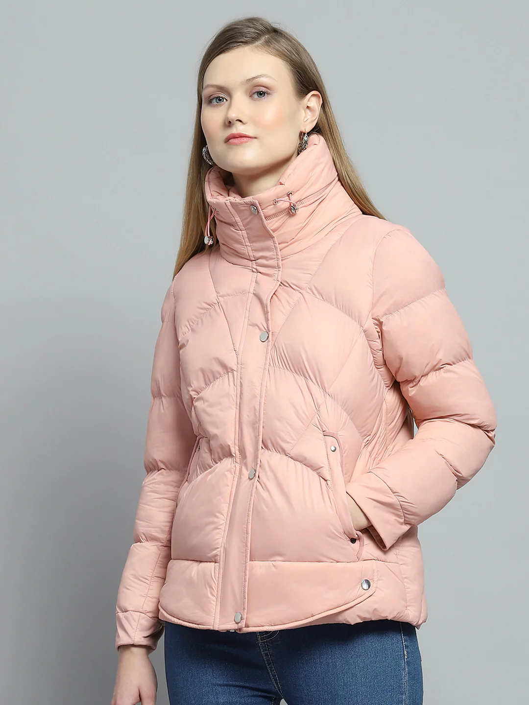 Women Peach Self Design High Neck Full Sleeve Jacket - Image 3