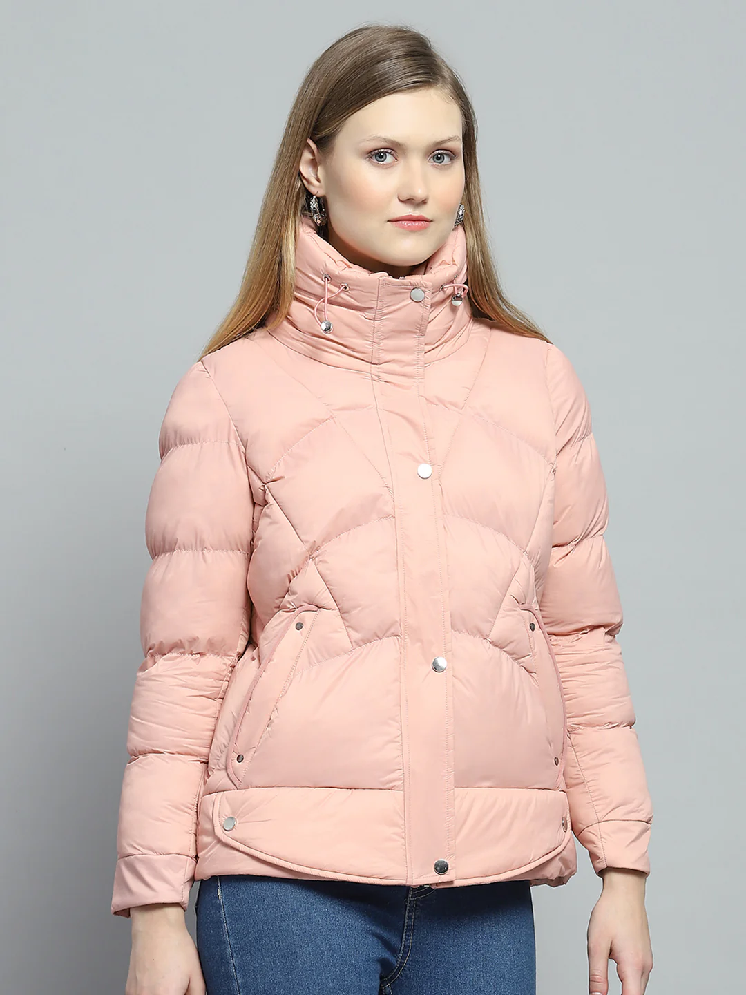 Women Peach Self Design High Neck Full Sleeve Jacket - Image 4