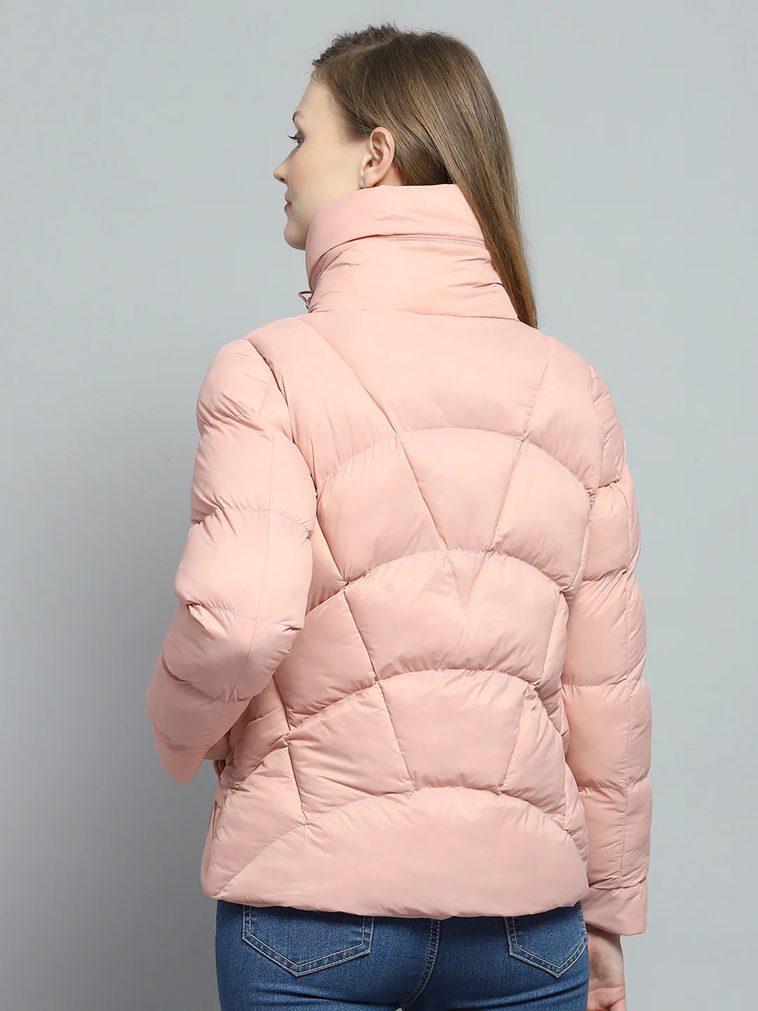 Women Peach Self Design High Neck Full Sleeve Jacket - Image 5