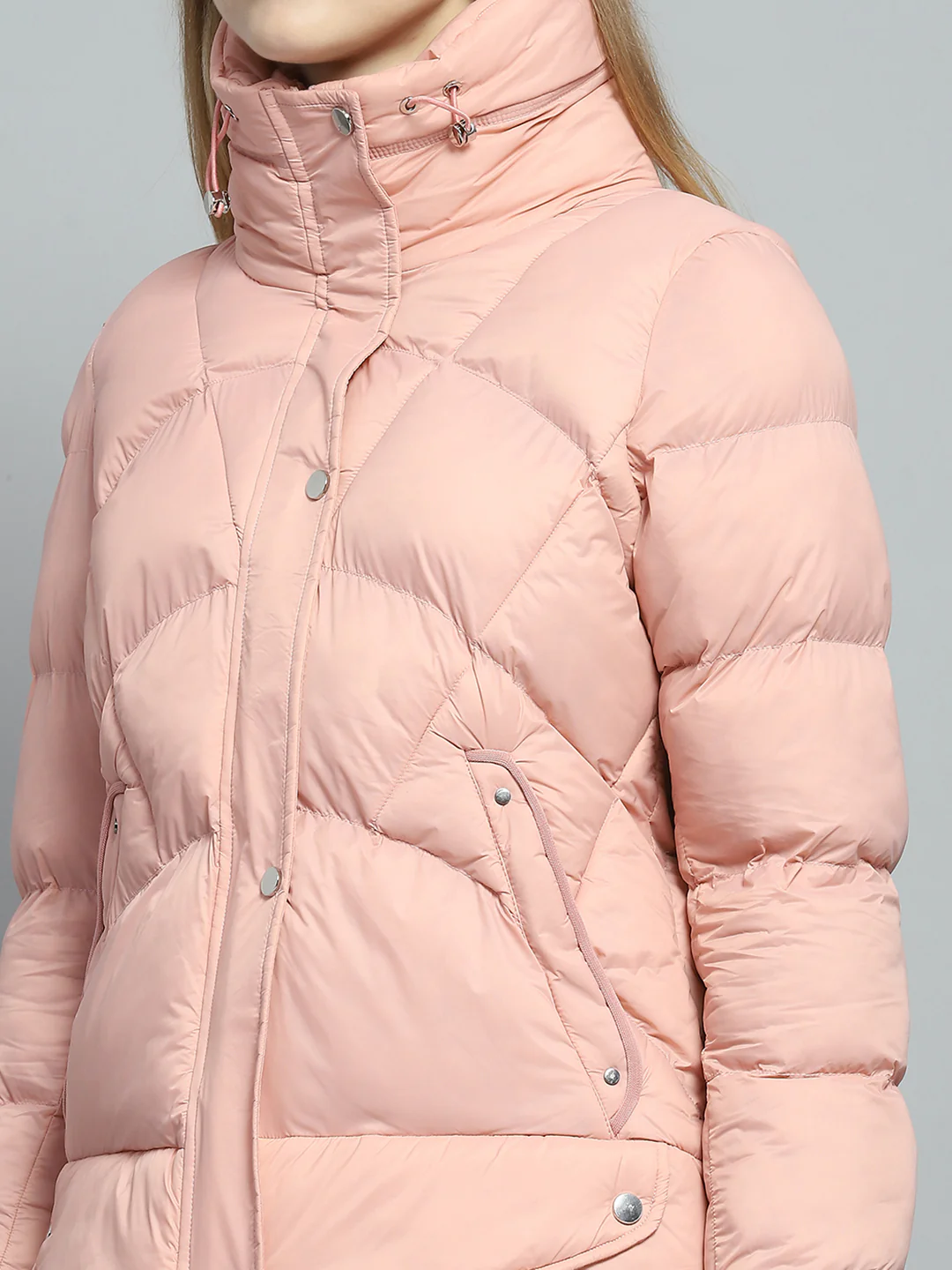 Women Peach Self Design High Neck Full Sleeve Jacket - Image 7