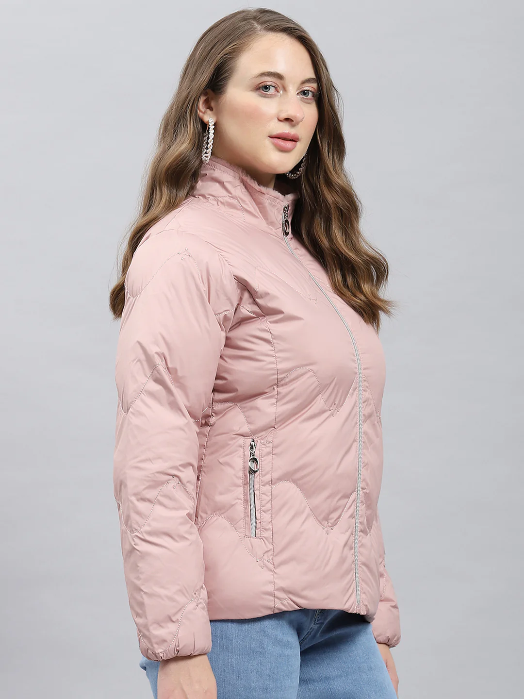 Women Peach Self Design Mock Neck Full Sleeve Jacket - Image 4