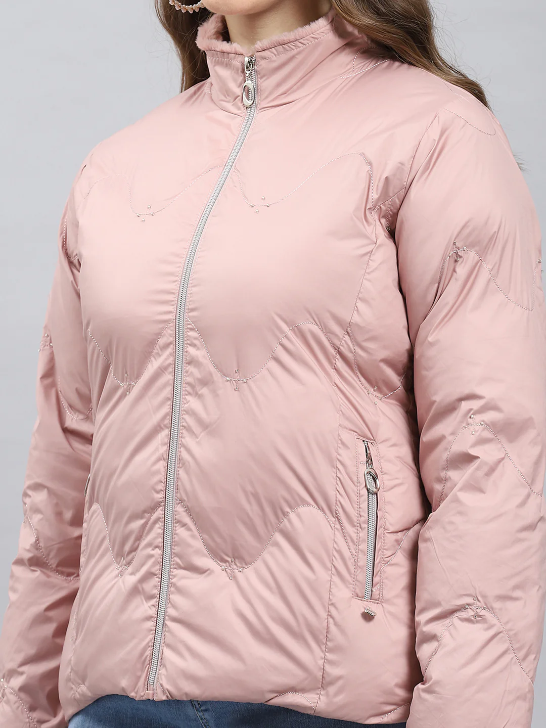 Women Peach Self Design Mock Neck Full Sleeve Jacket - Image 6