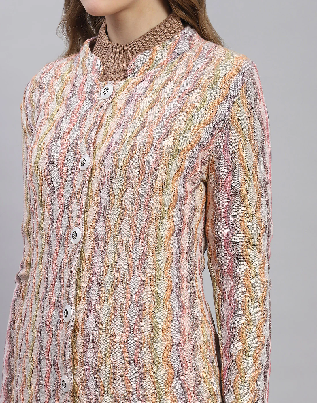 Women Peach Self Design Round Neck Full Sleeve Coat - Image 2