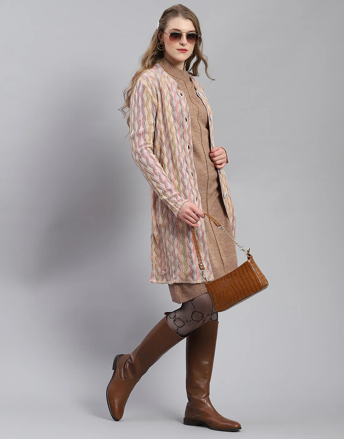 Women Peach Self Design Round Neck Full Sleeve Coat - Image 3