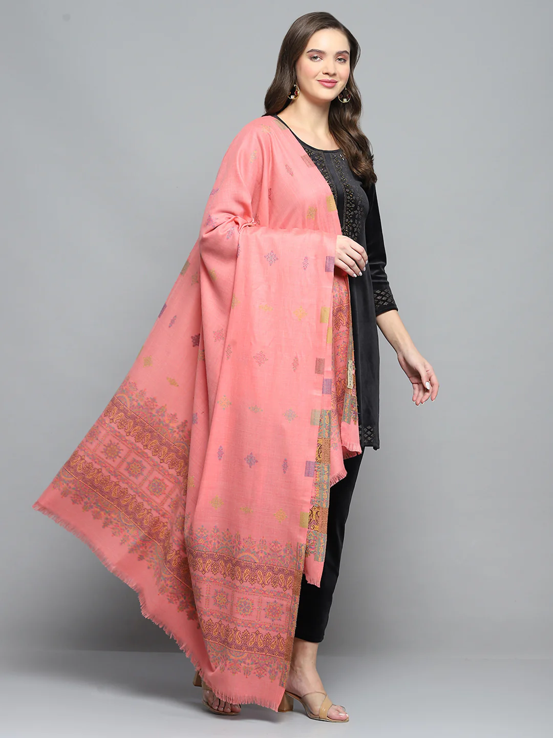 Women Peach Self Design Shawl - Image 4