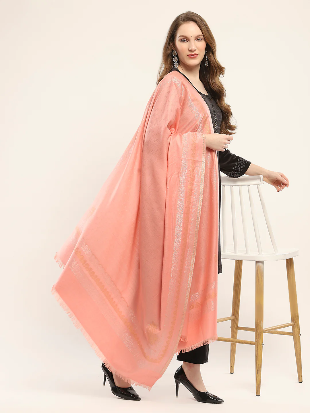 Women Peach Self Design Shawl - Image 2