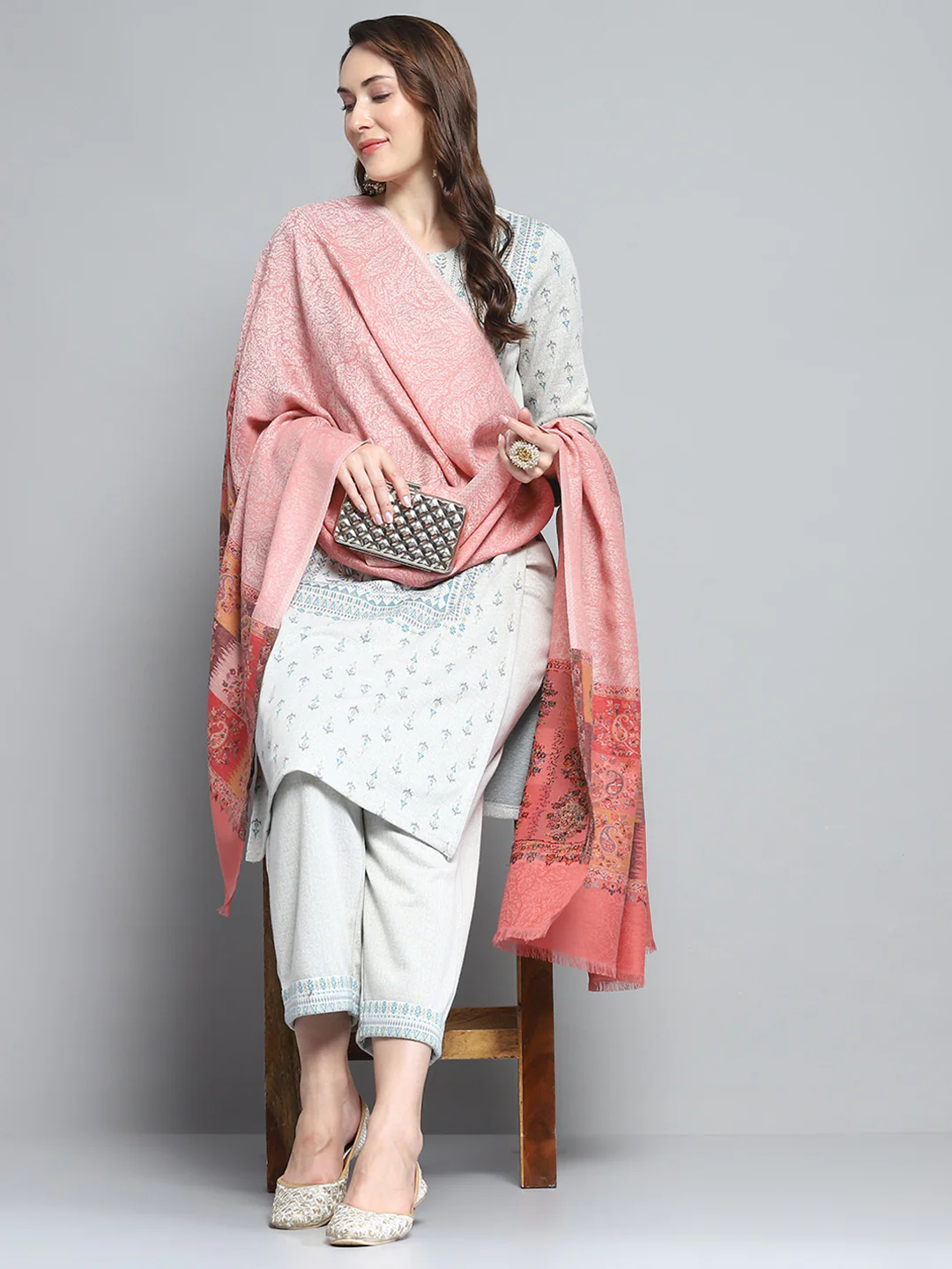 Women Peach Self Design Shawl - Image 2