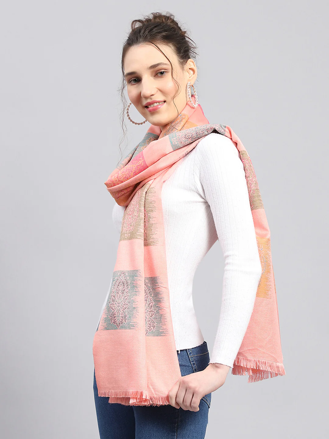 Women Peach Self Design Stole - Image 4