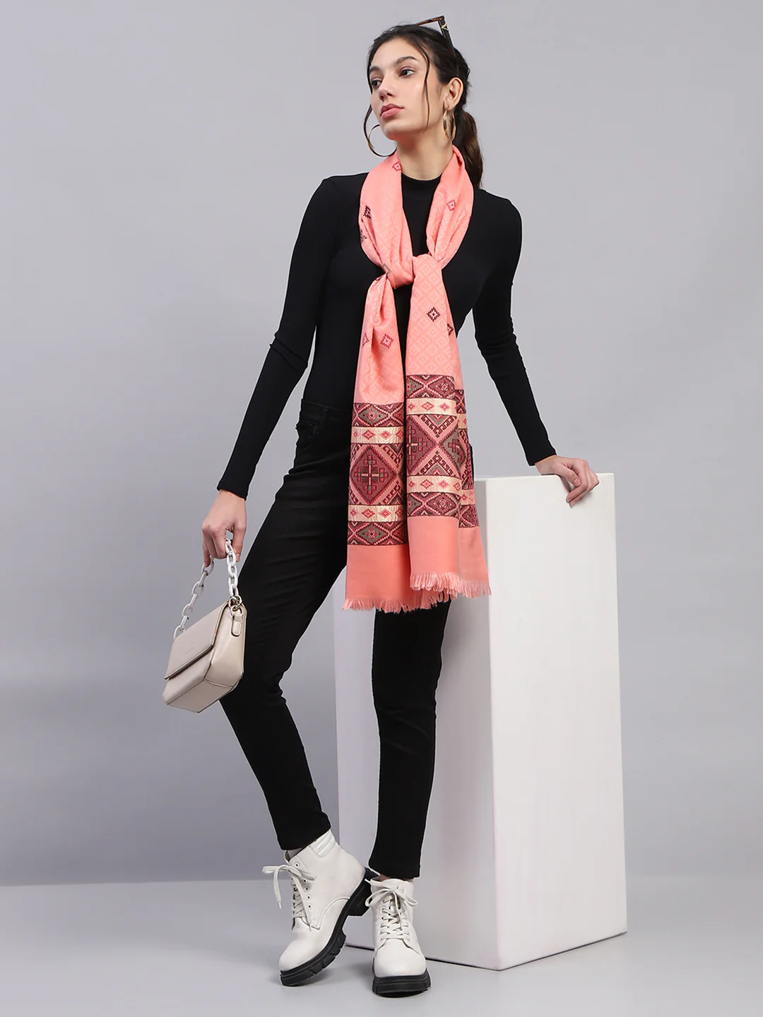 Women Peach Self Design Stole - Image 2