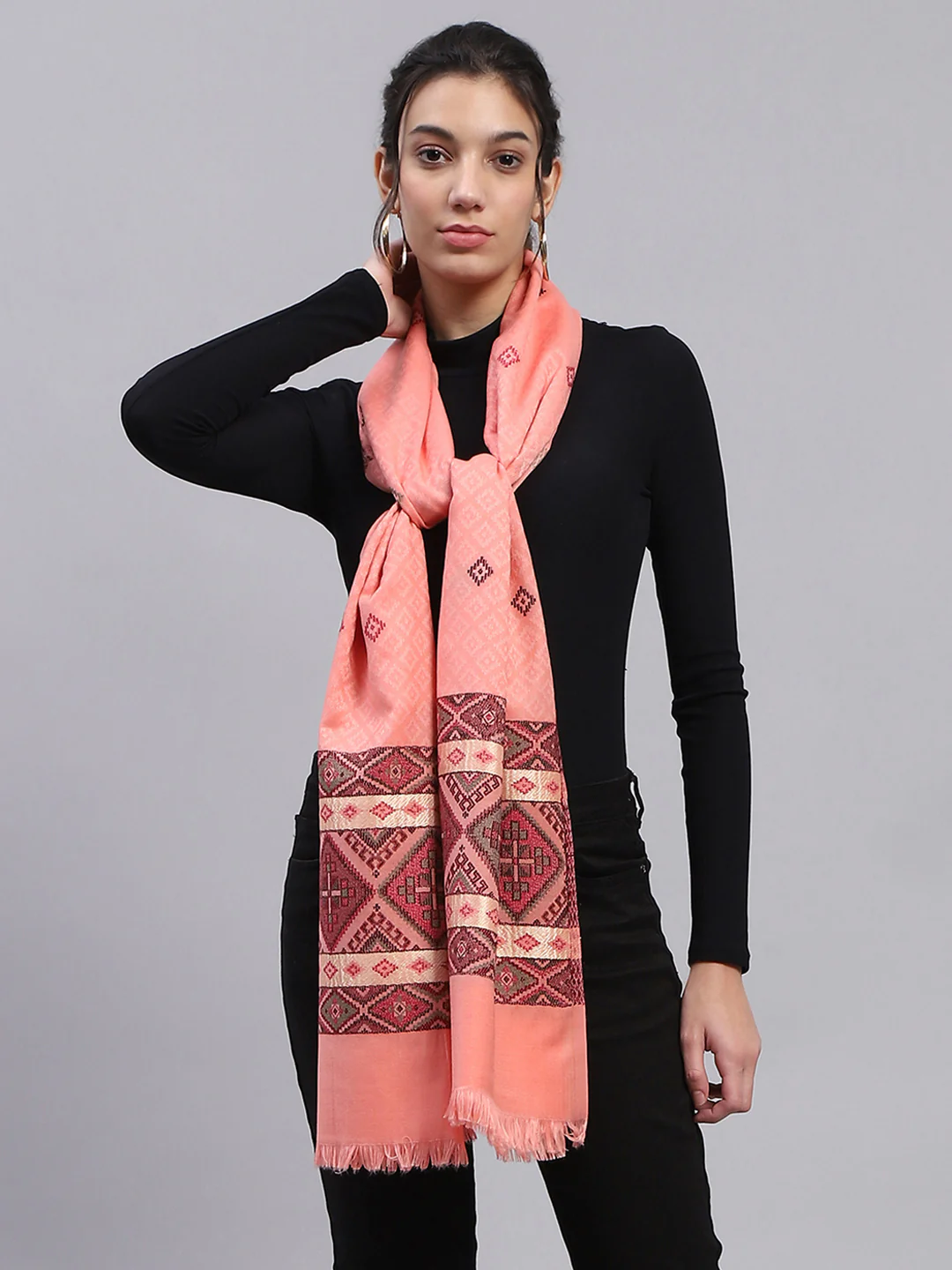 Women Peach Self Design Stole - Image 3