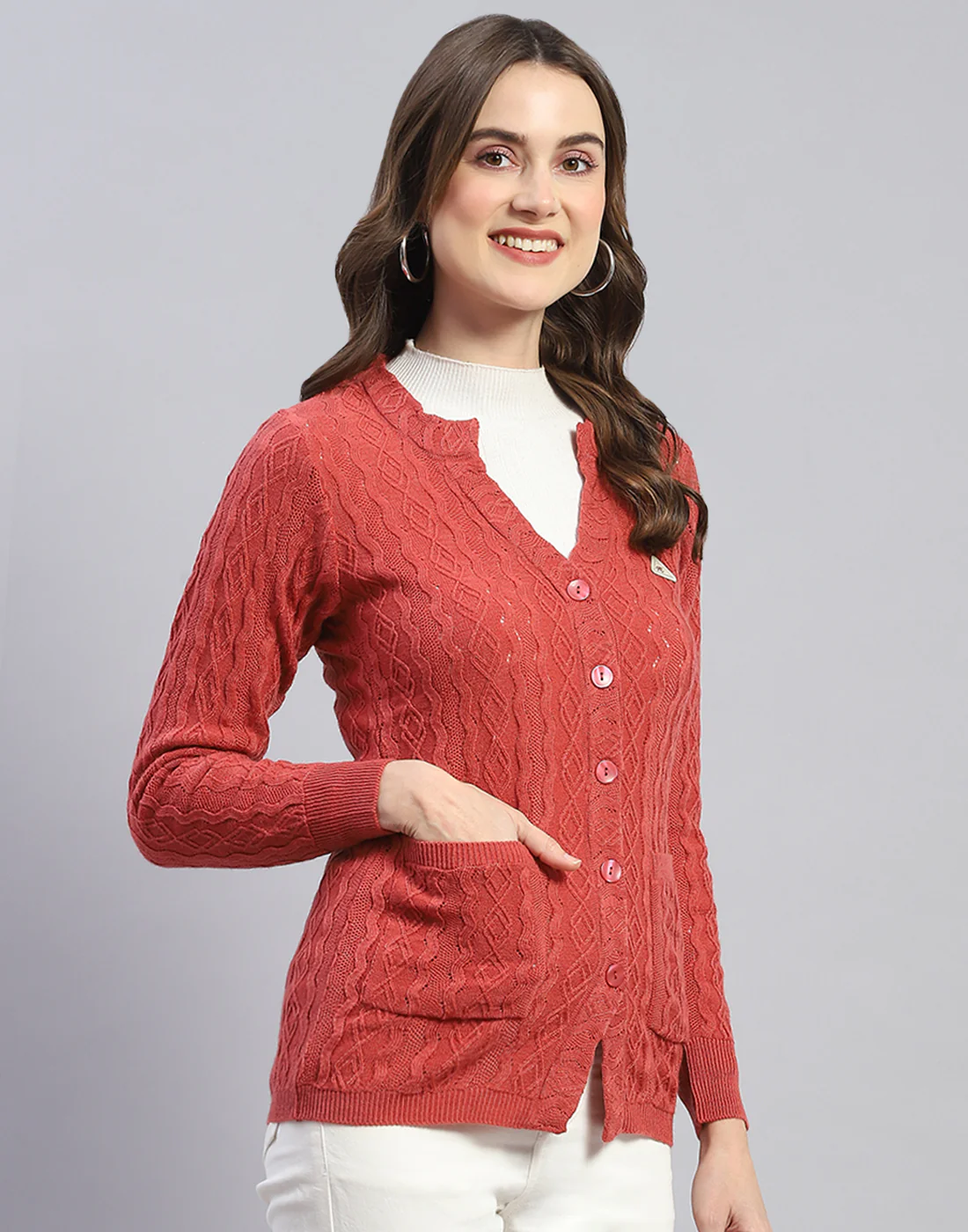 Women Peach Self Design V Neck Full Sleeve Cardigan - Image 4