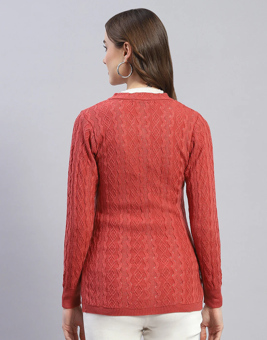Women Peach Self Design V Neck Full Sleeve Cardigan - Image 5