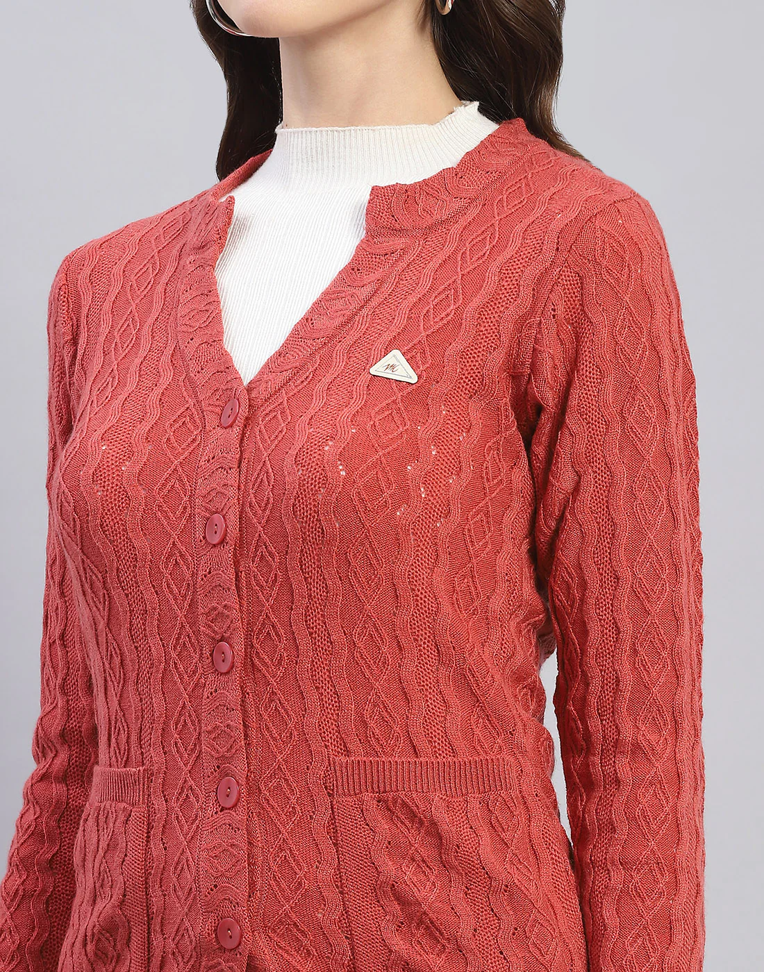 Women Peach Self Design V Neck Full Sleeve Cardigan - Image 6