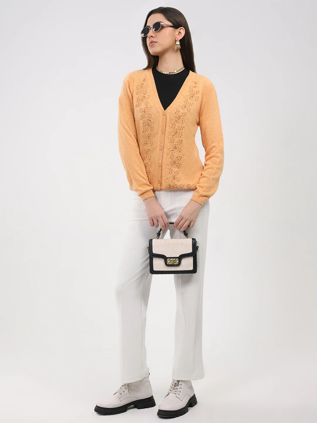 Women Peach Self Design V Neck Full Sleeve Cardigan - Image 2