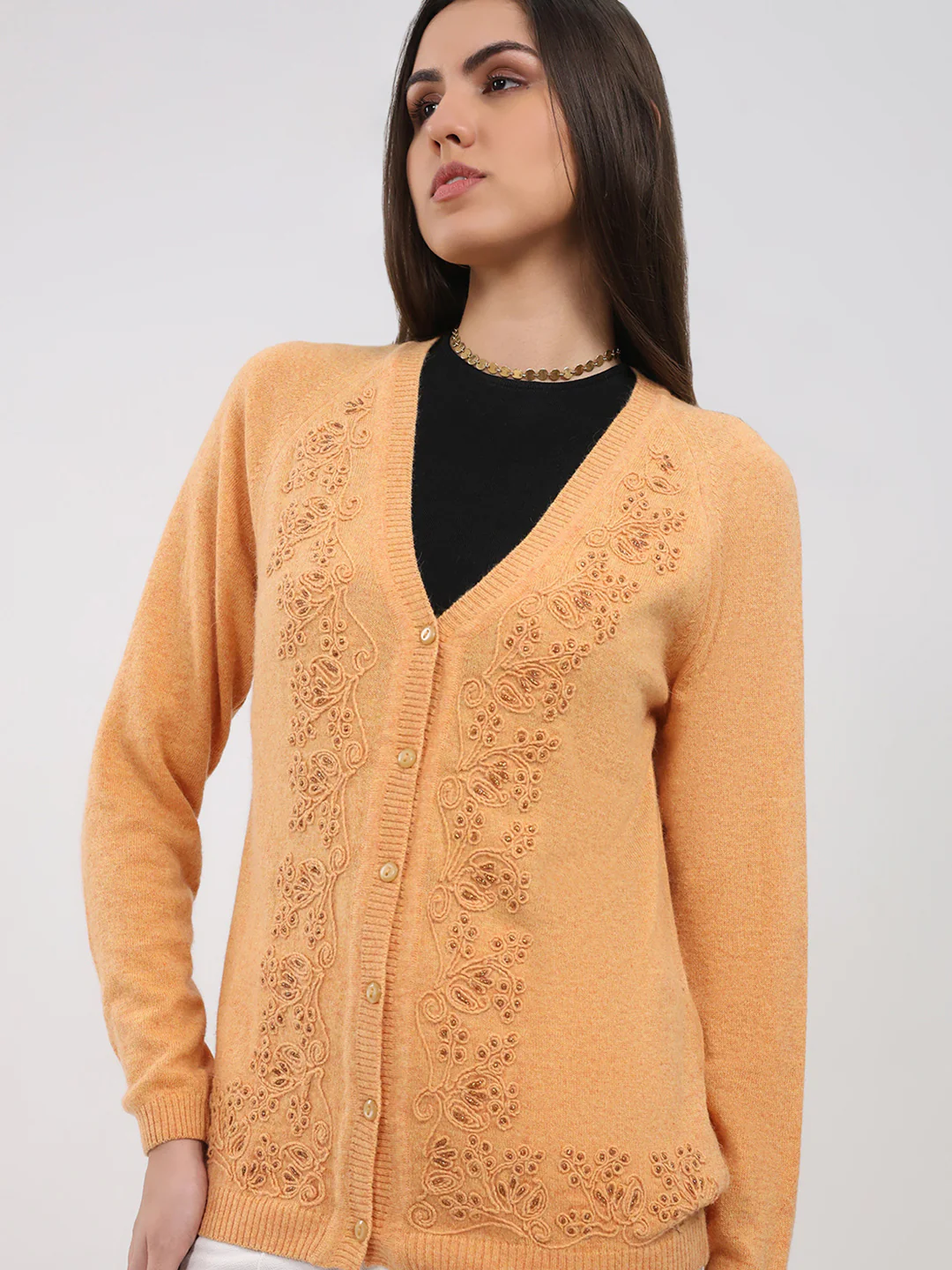 Women Peach Self Design V Neck Full Sleeve Cardigan - Image 6