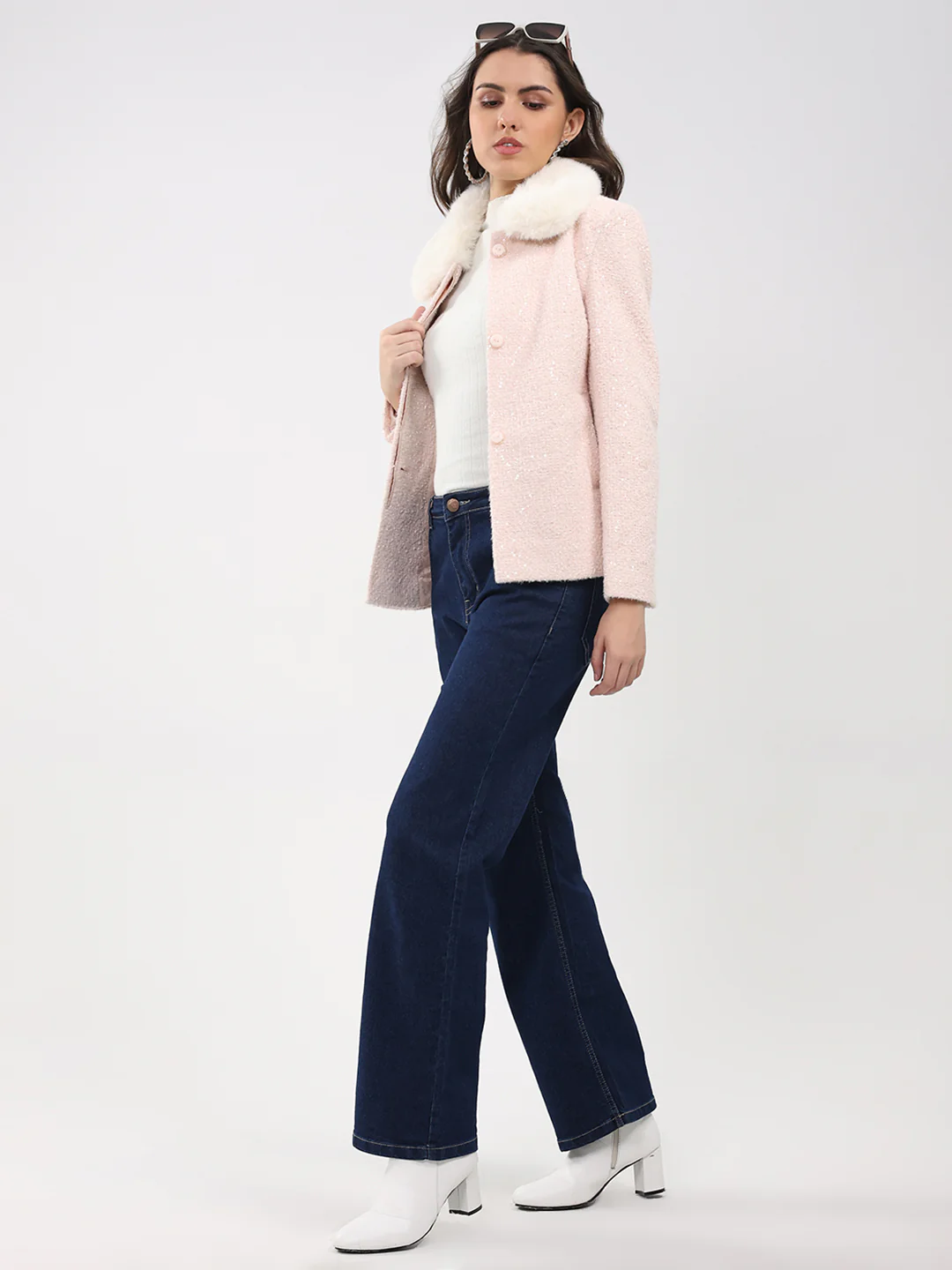 Women Peach Solid Collar Full Sleeve Coat - Image 2