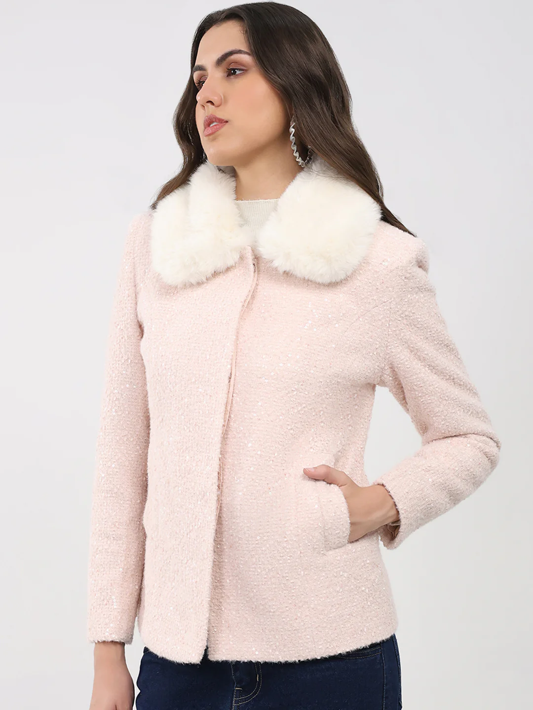 Women Peach Solid Collar Full Sleeve Coat - Image 3