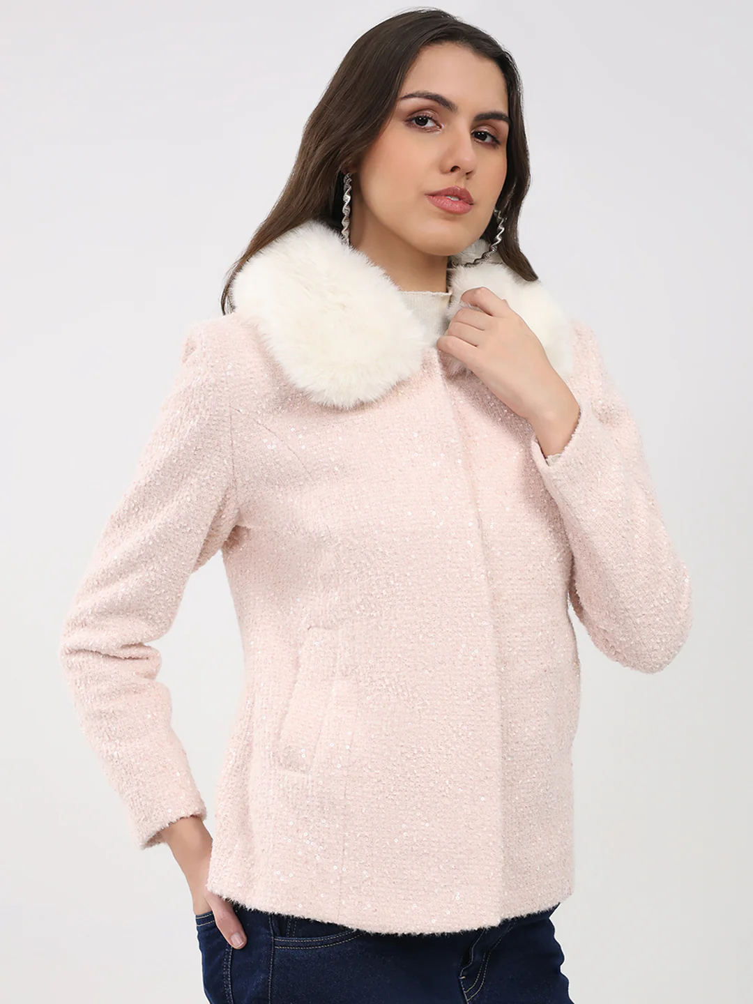 Women Peach Solid Collar Full Sleeve Coat - Image 4