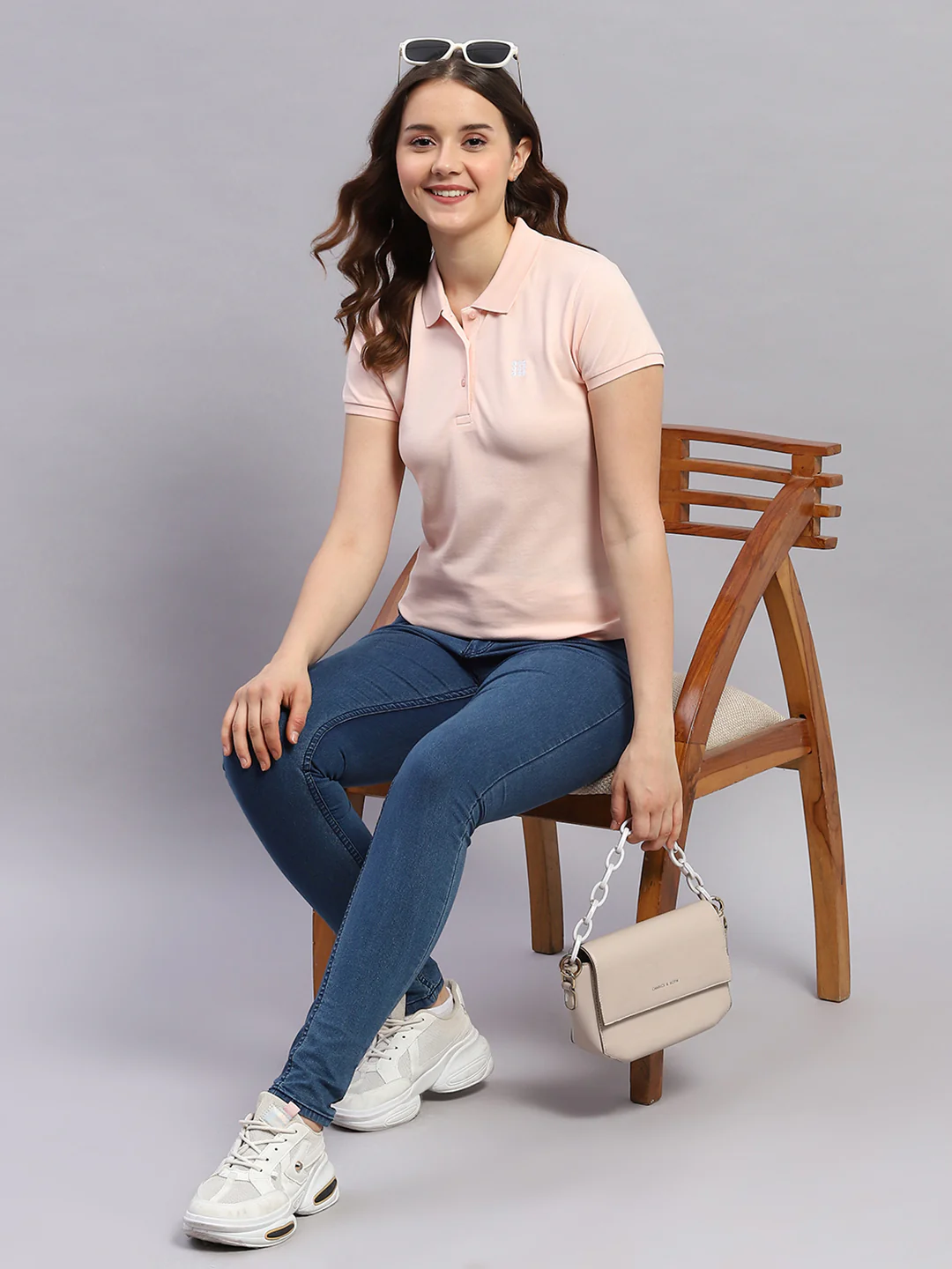 Rock.it Women Peach Solid Collar Half Sleeve T-Shirt - Image 2