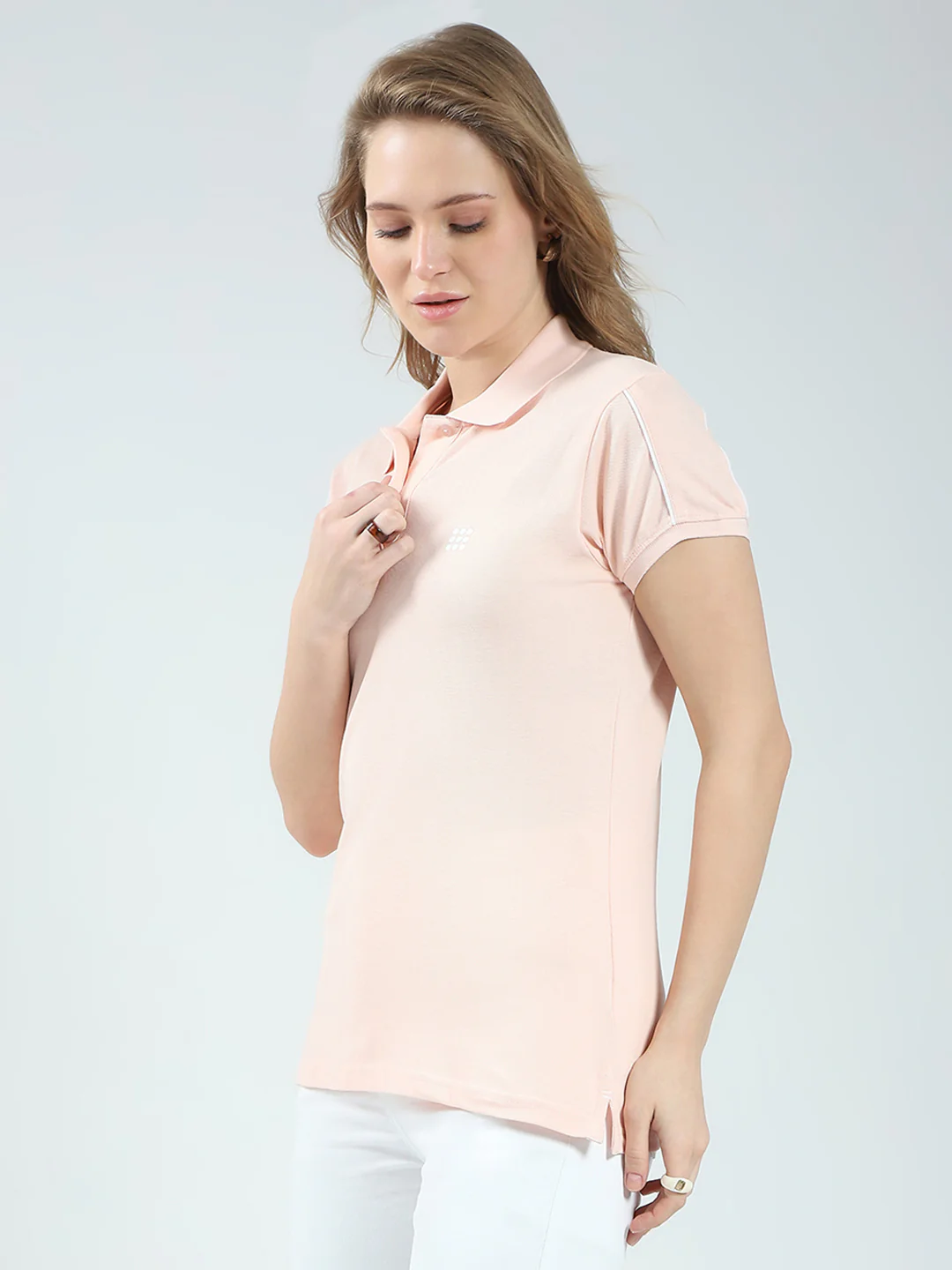 Rock.it Women Peach Solid Collar Half Sleeve T-Shirt - Image 3