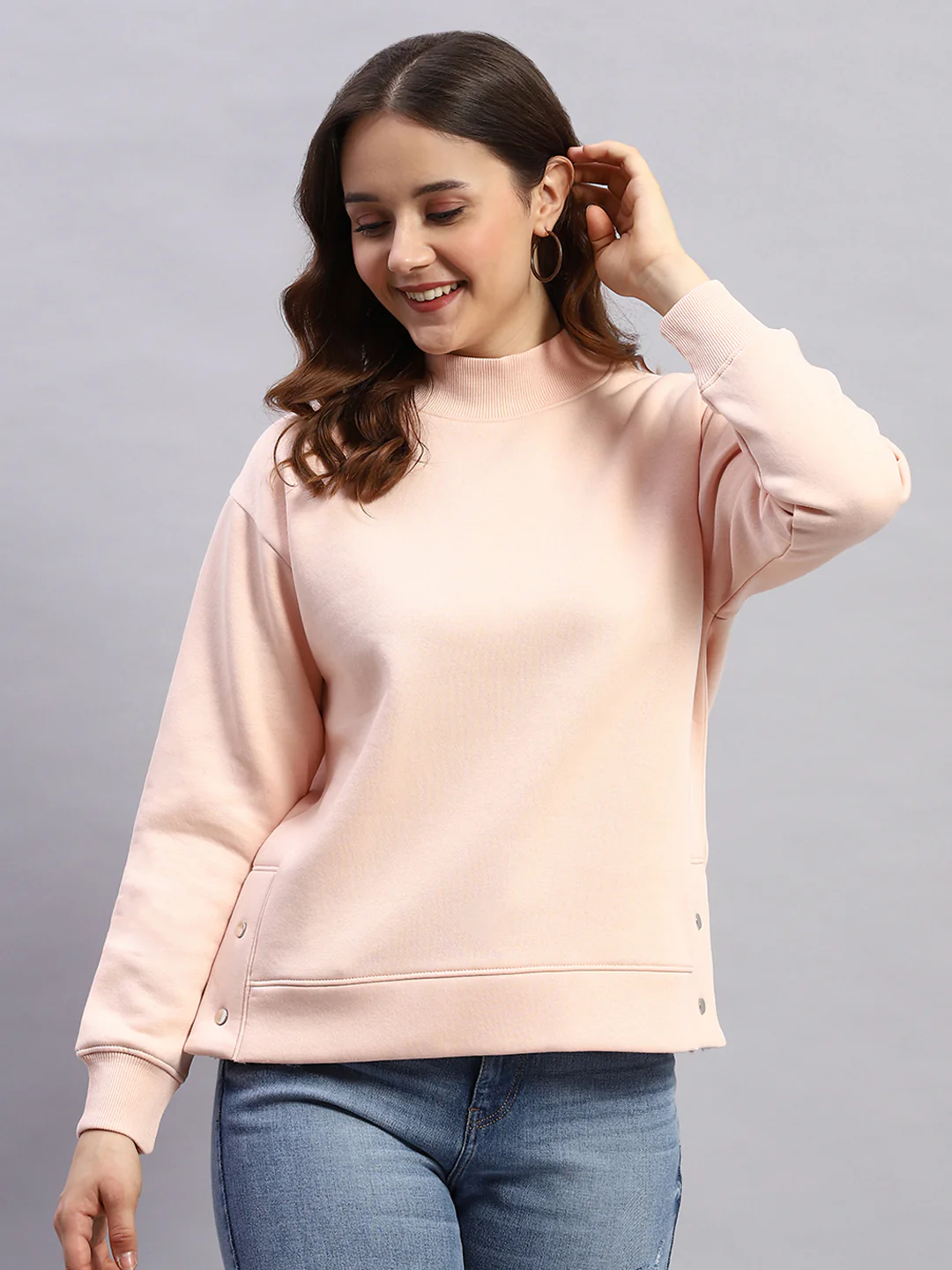 Rock.it Women Peach Solid High Neck Full Sleeve Sweatshirt - Image 2