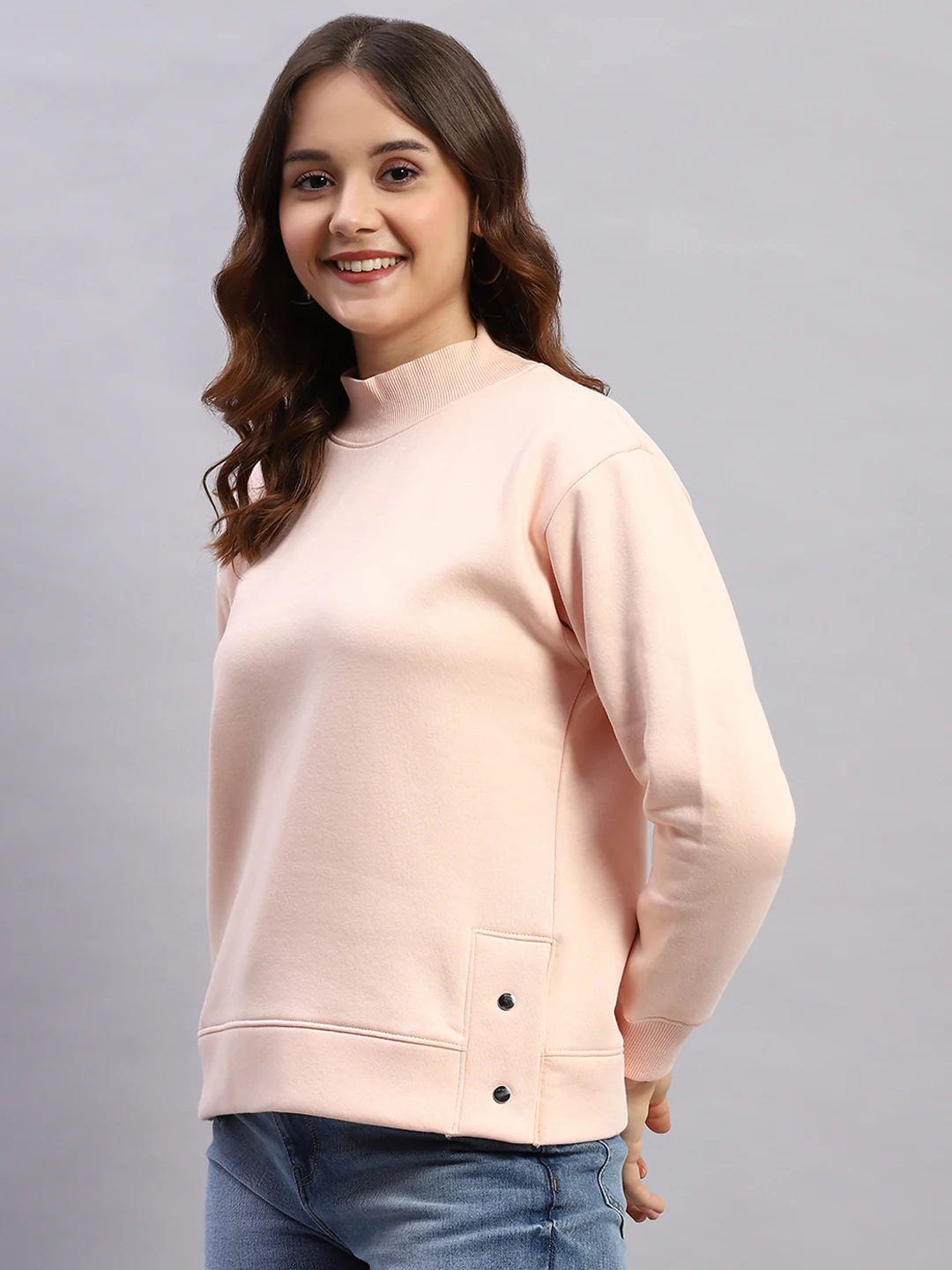 Rock.it Women Peach Solid High Neck Full Sleeve Sweatshirt - Image 3