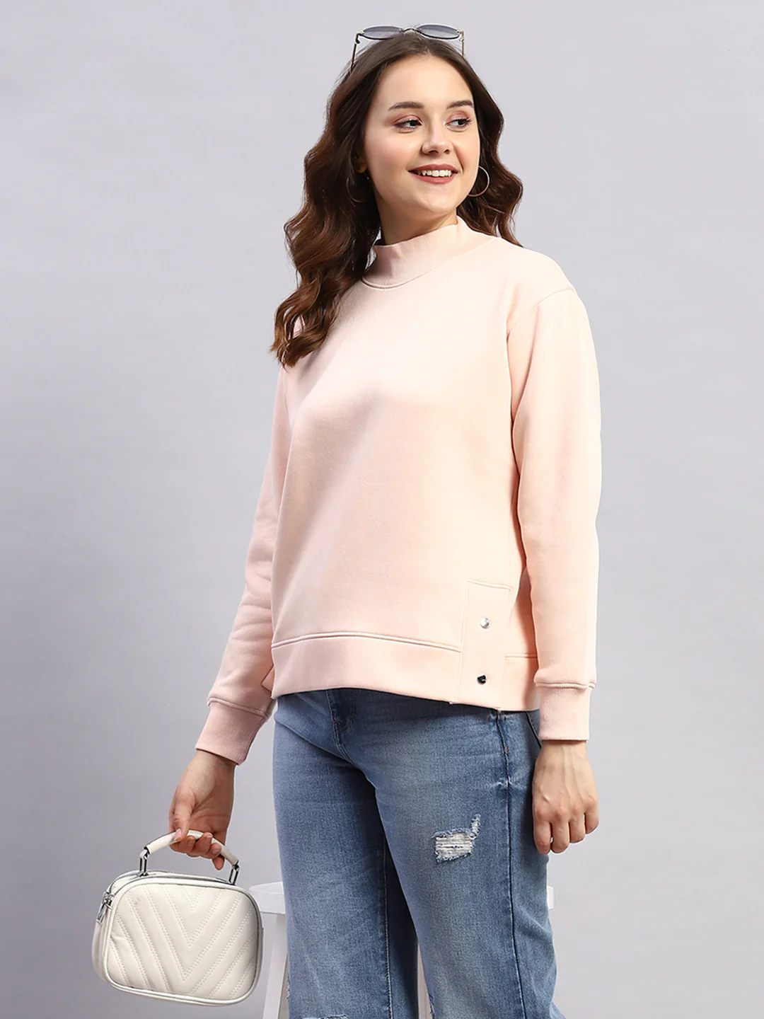 Rock.it Women Peach Solid High Neck Full Sleeve Sweatshirt - Image 6