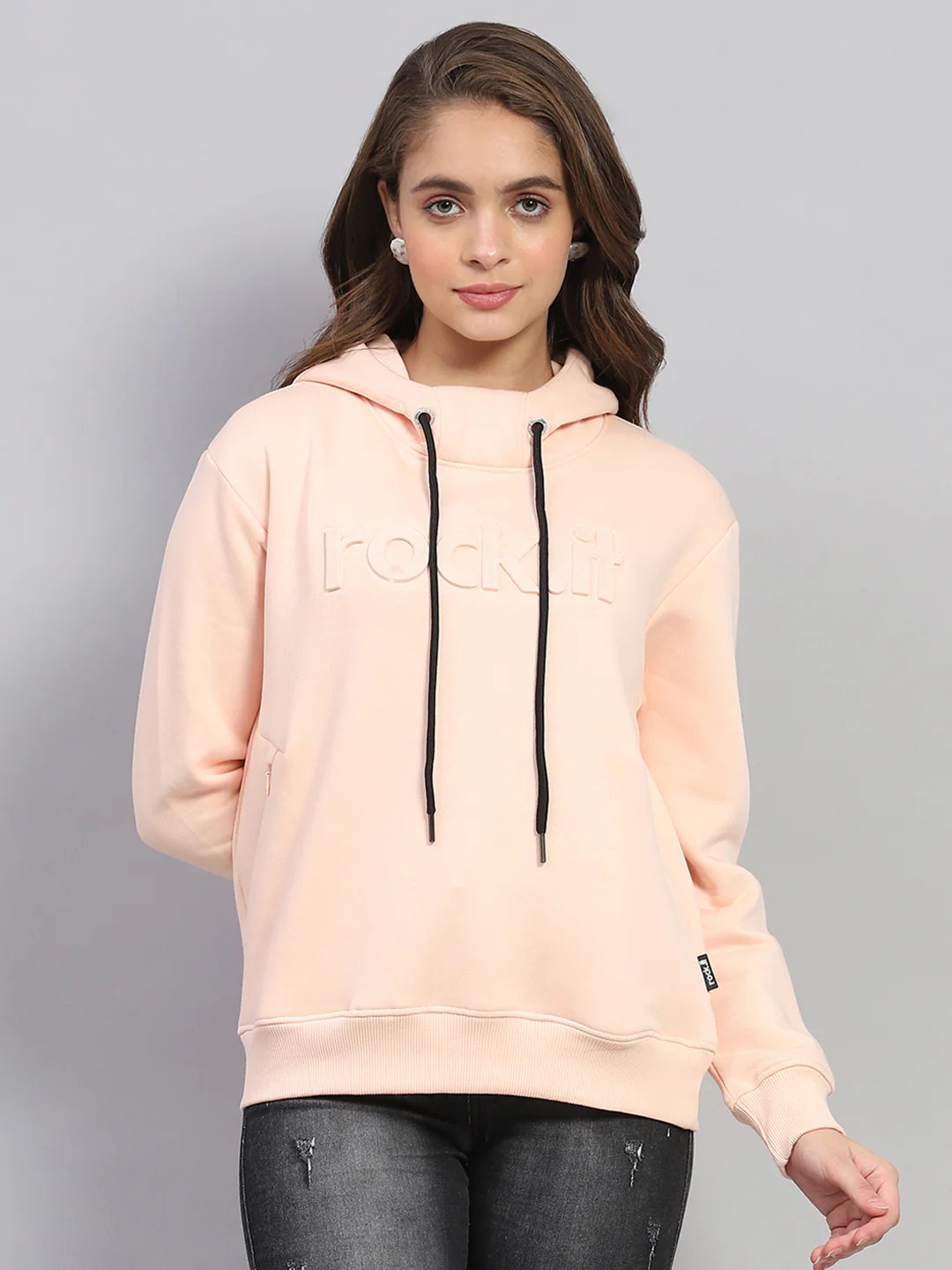 Rock.it Women Peach Solid Hooded Full Sleeve Sweatshirt - Image 2