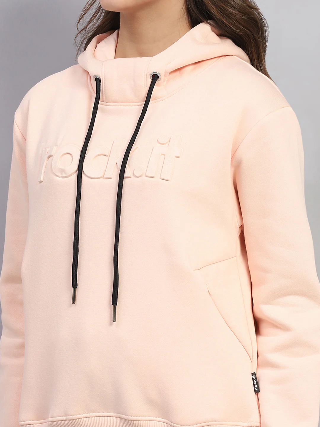 Rock.it Women Peach Solid Hooded Full Sleeve Sweatshirt - Image 6