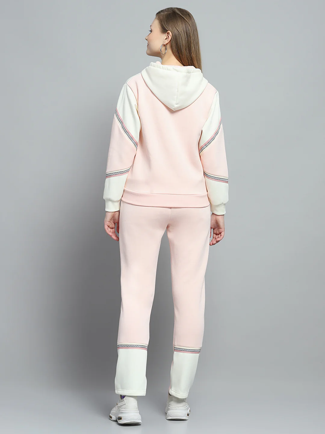 Women Peach Solid Hooded Full Sleeve Tracksuit - Image 5